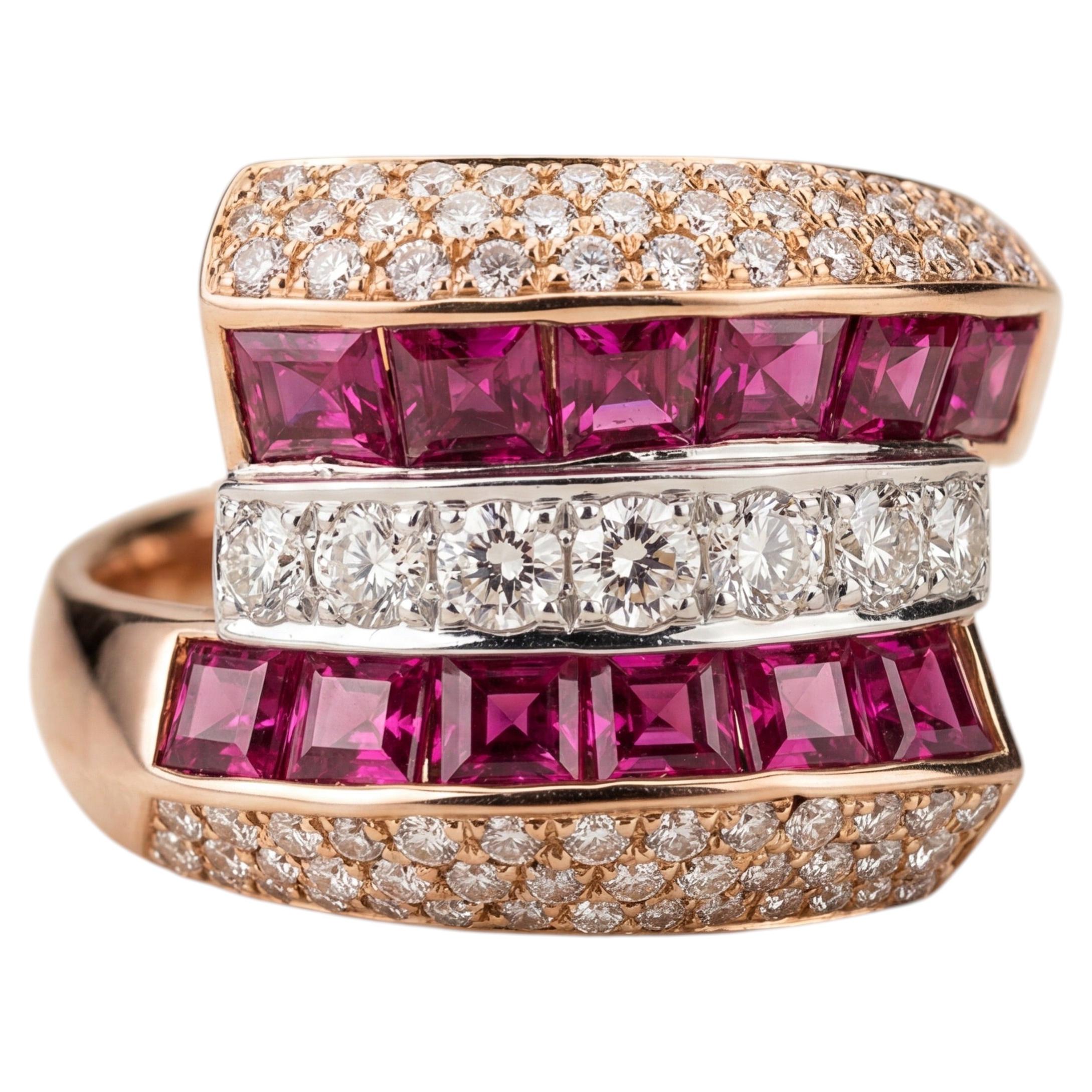 Two-Tone Ruby and Diamond Band Ring in 18K Rose and White Gold For Sale