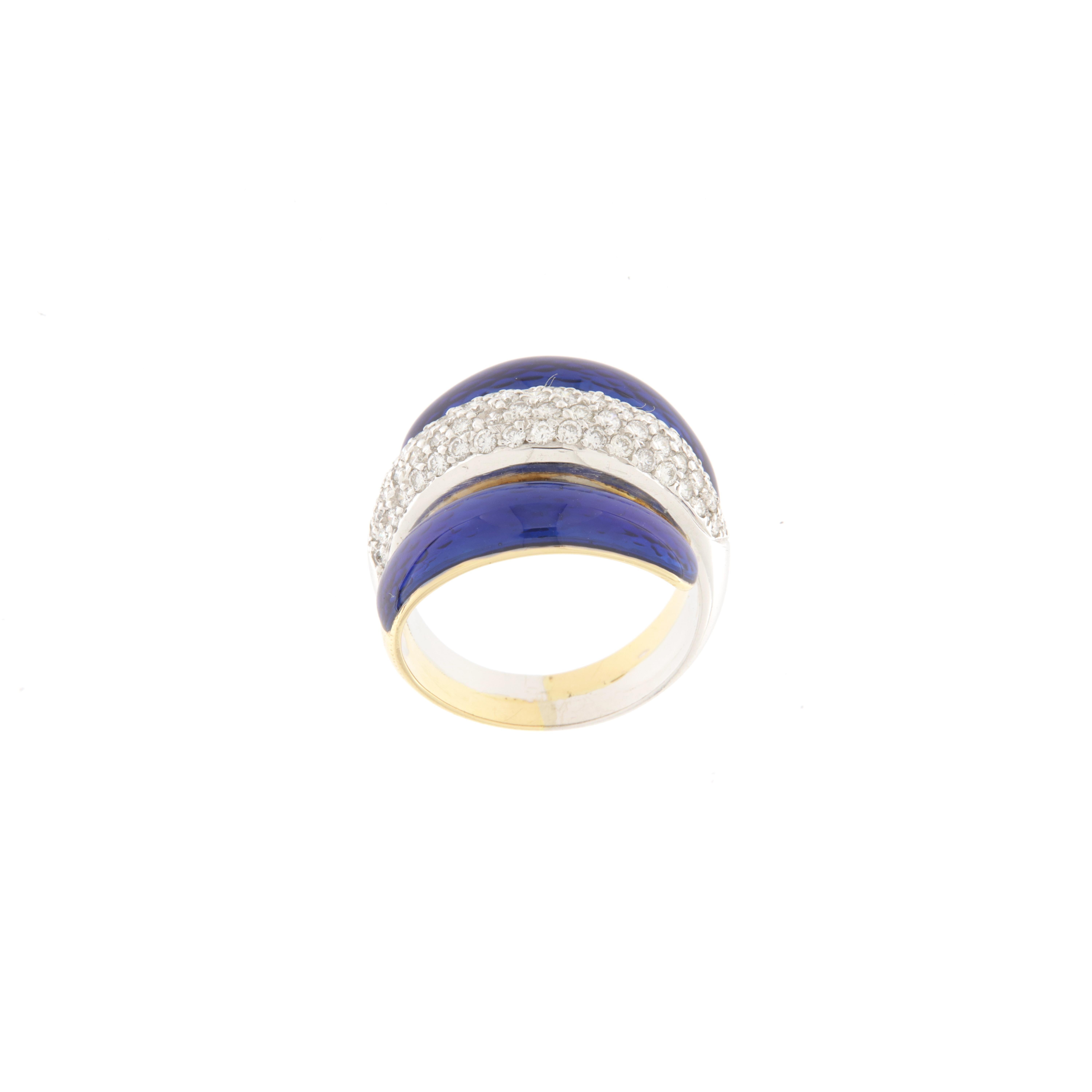 Modern Yellow and white gold band ring with brilliants and blue enamel ct.0.85 For Sale