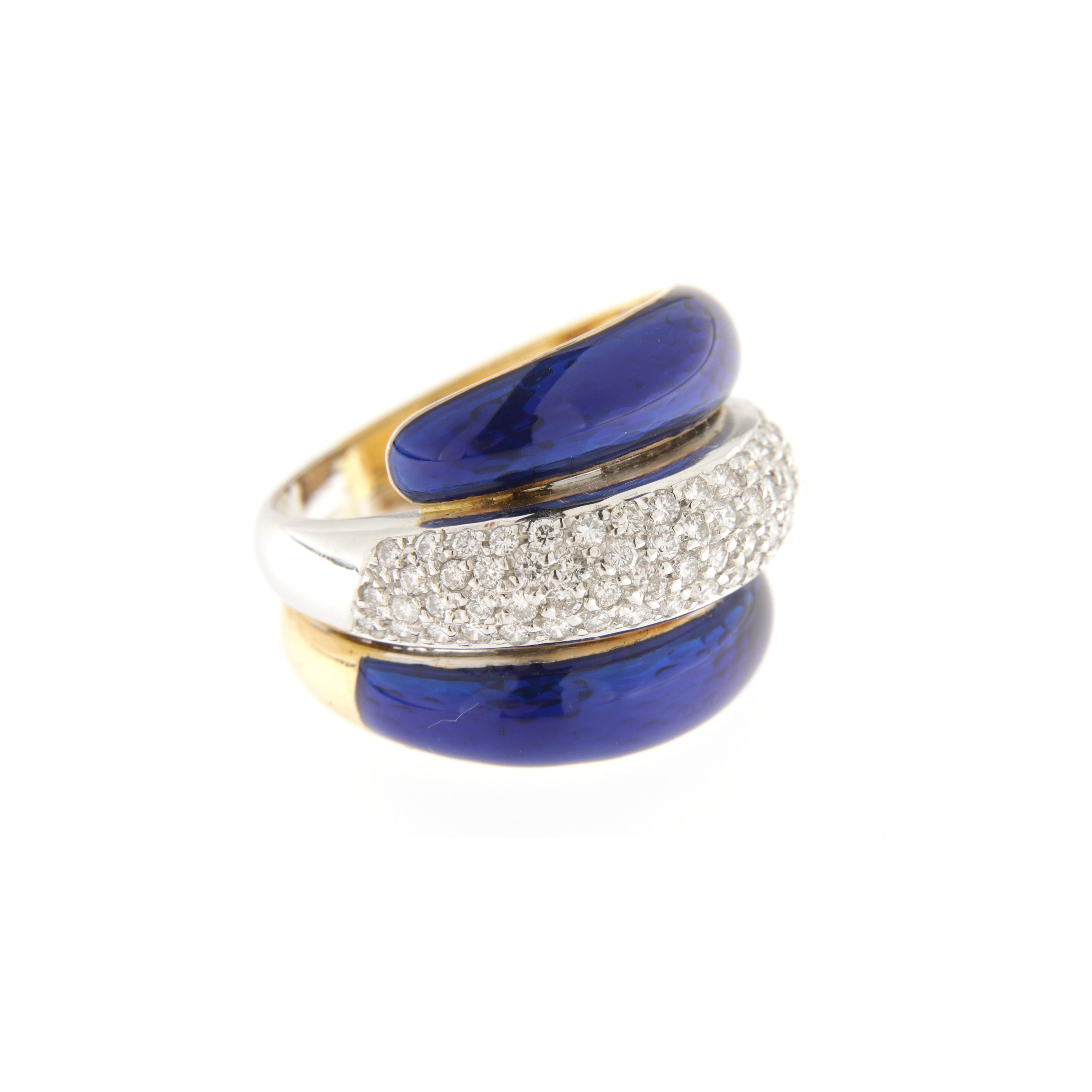 Brilliant Cut Yellow and white gold band ring with brilliants and blue enamel ct.0.85 For Sale