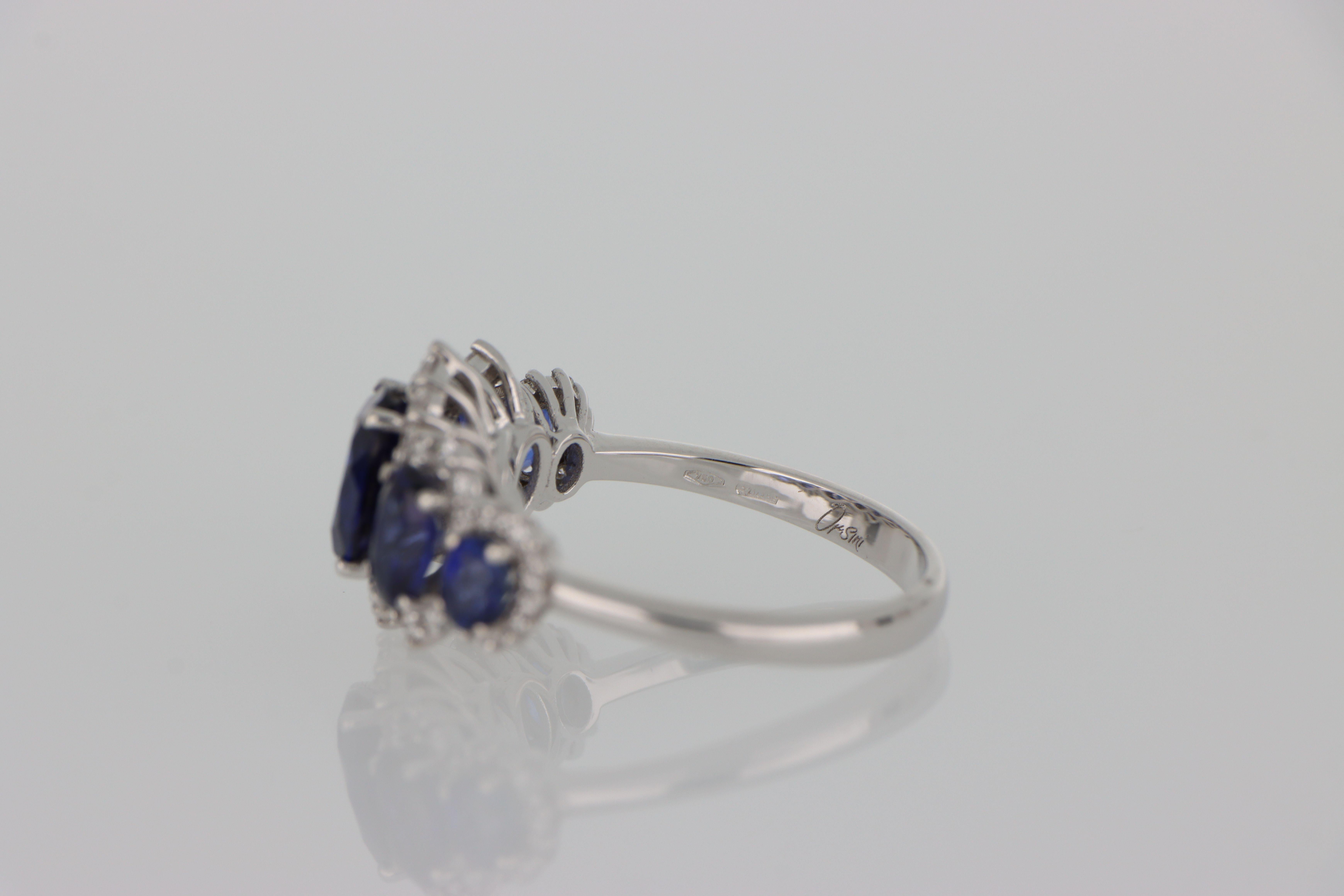 Anello Fedina Oro Cinque Pietre Zaffiri Ovali 3.14 ct Diamanti Orsini Retrò in vendita 1