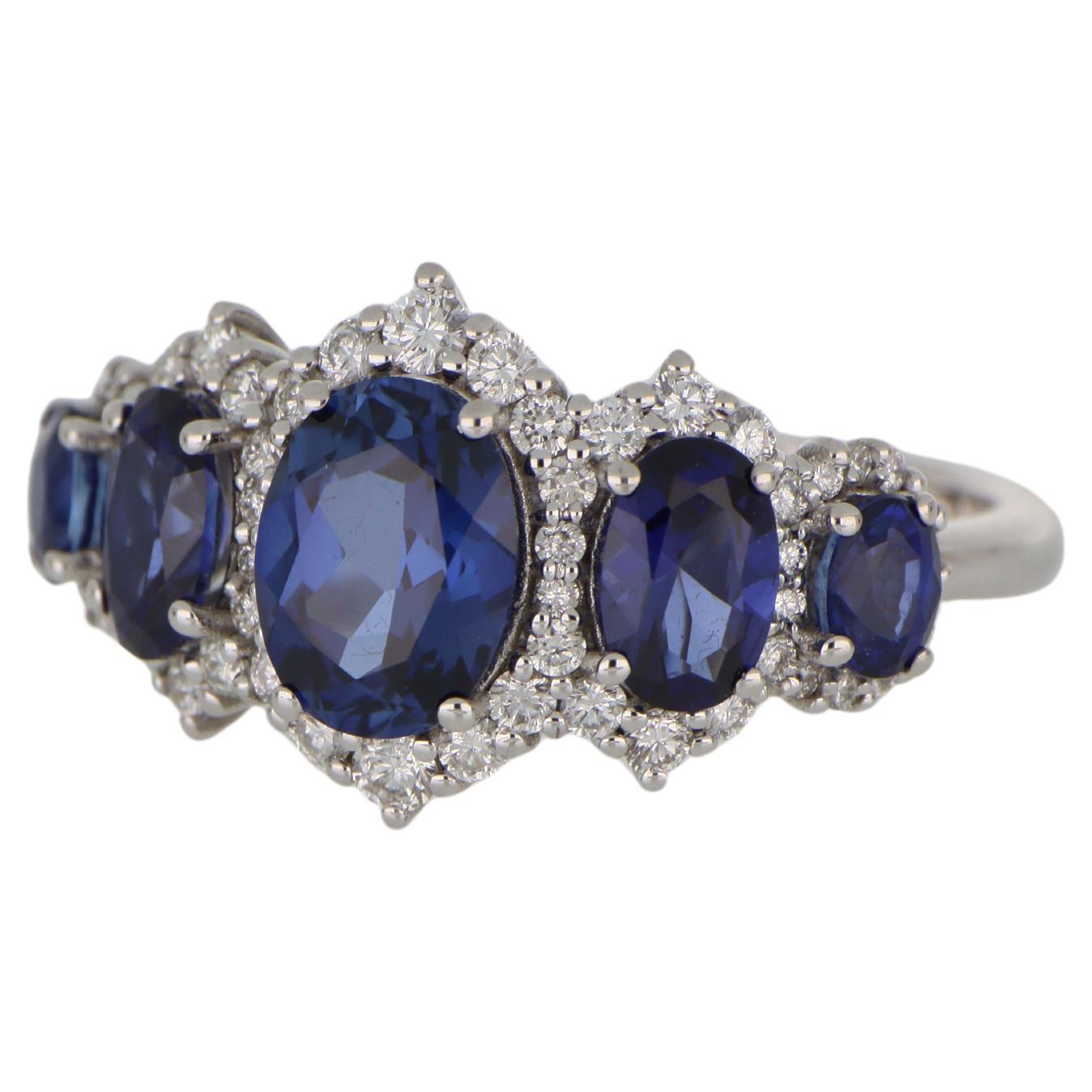 Anello Fedina Oro Cinque Pietre Zaffiri Ovali 3.14 ct Diamanti Orsini Retrò in vendita