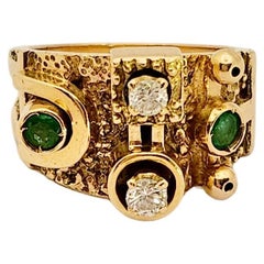 Anello Gioirgio Facchini 1970 in Oro Giallo 18 Kt, Diamanti e Smeraldi