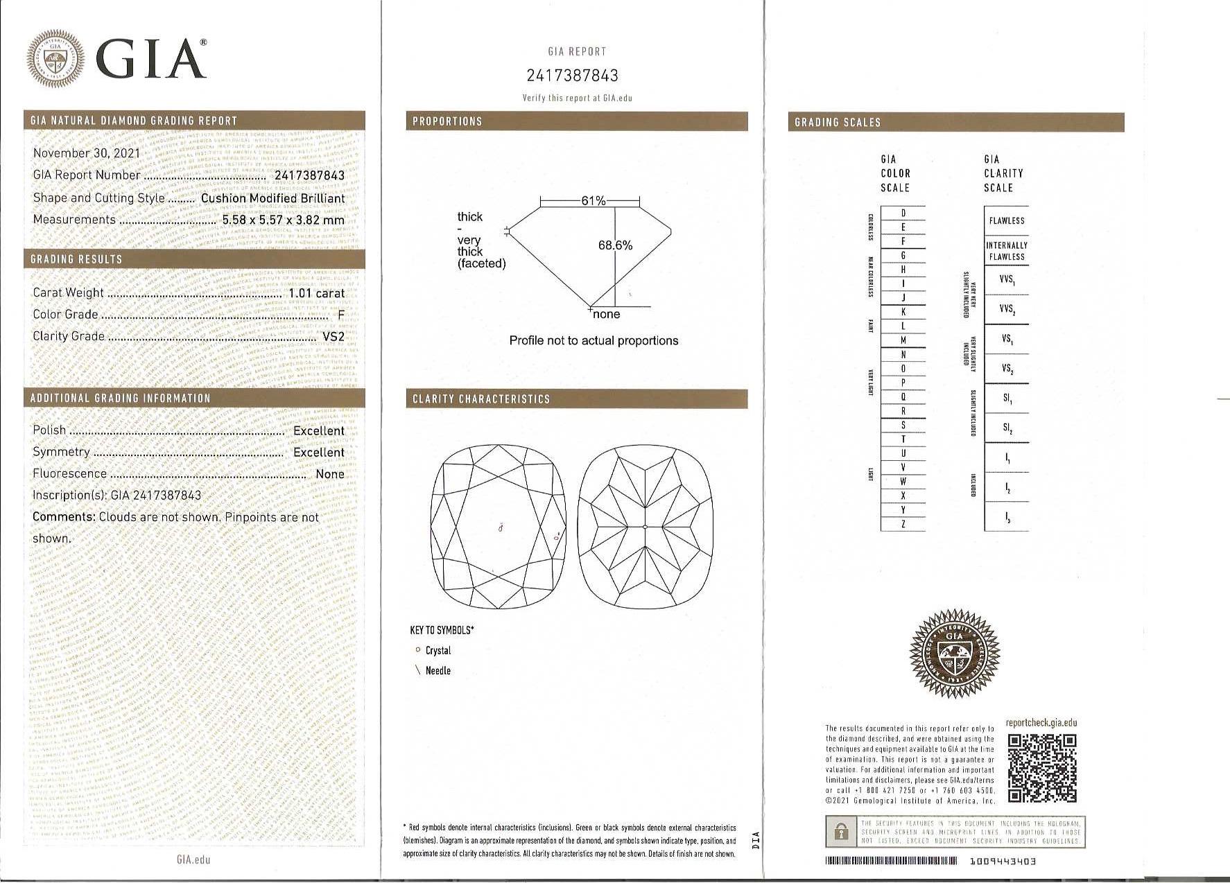 Bague de fiançailles avec halo en diamant coussin de 1,01 carat certifié GIA en vente 8