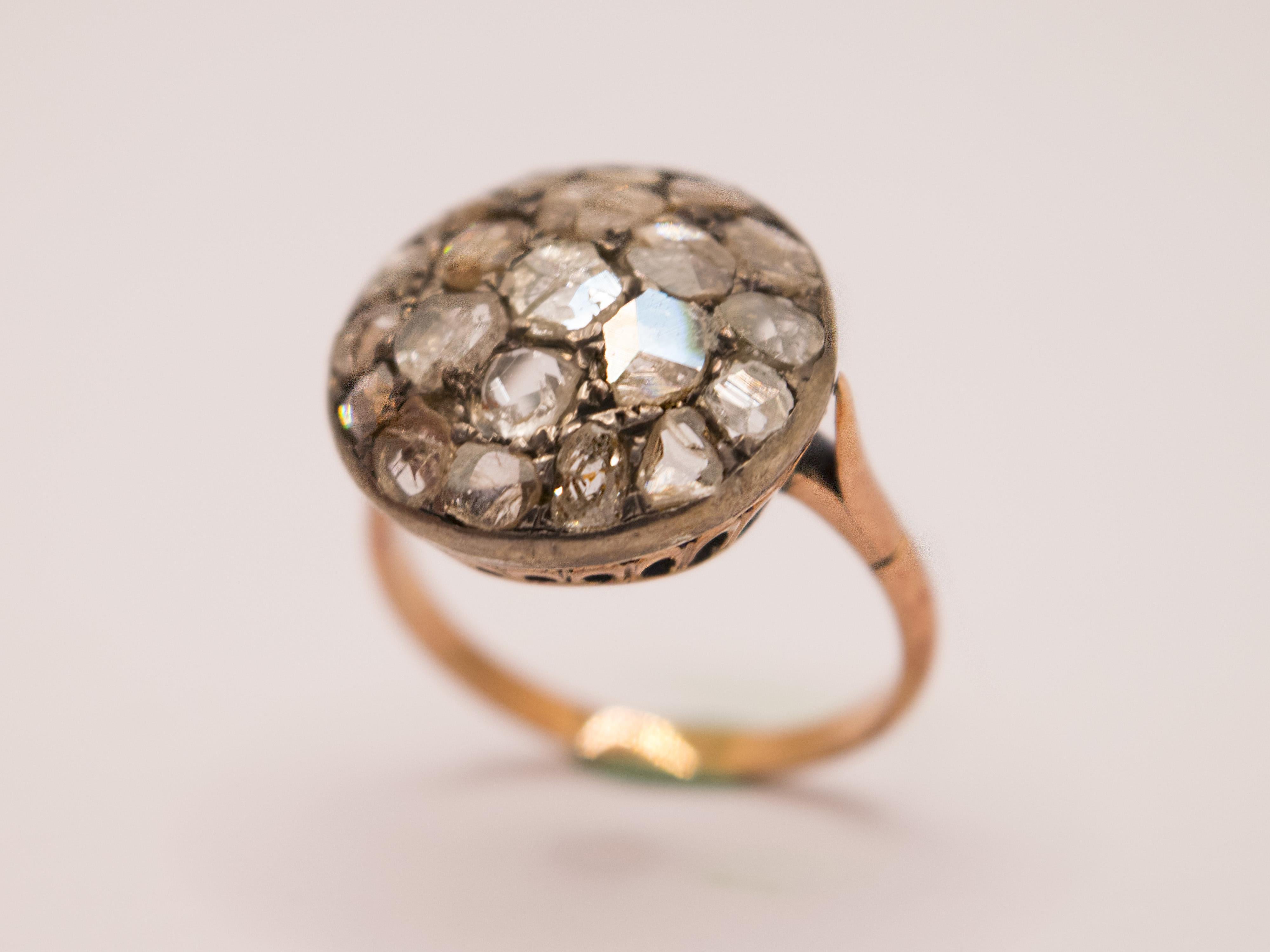 Old European Cut 9Kt Gold , Silver and antique cut diamond ring For Sale