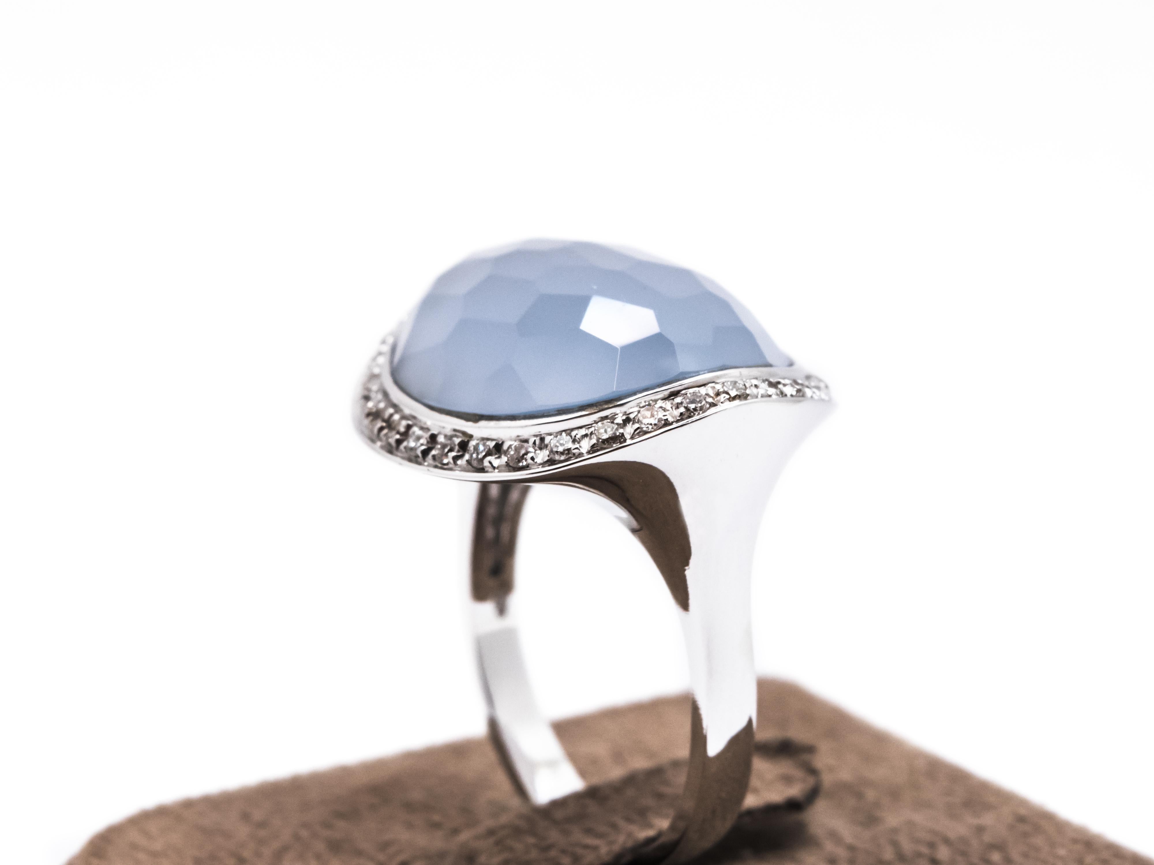 Contemporary 18 Kt White Gold, Diamonds and Chalcedony Ring For Sale