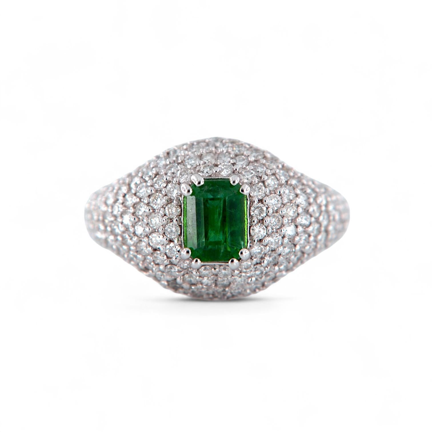 Emerald Cut 18kt white gold ring with 1.02 ct Emerald and 1.84 ct pavé Diamonds For Sale