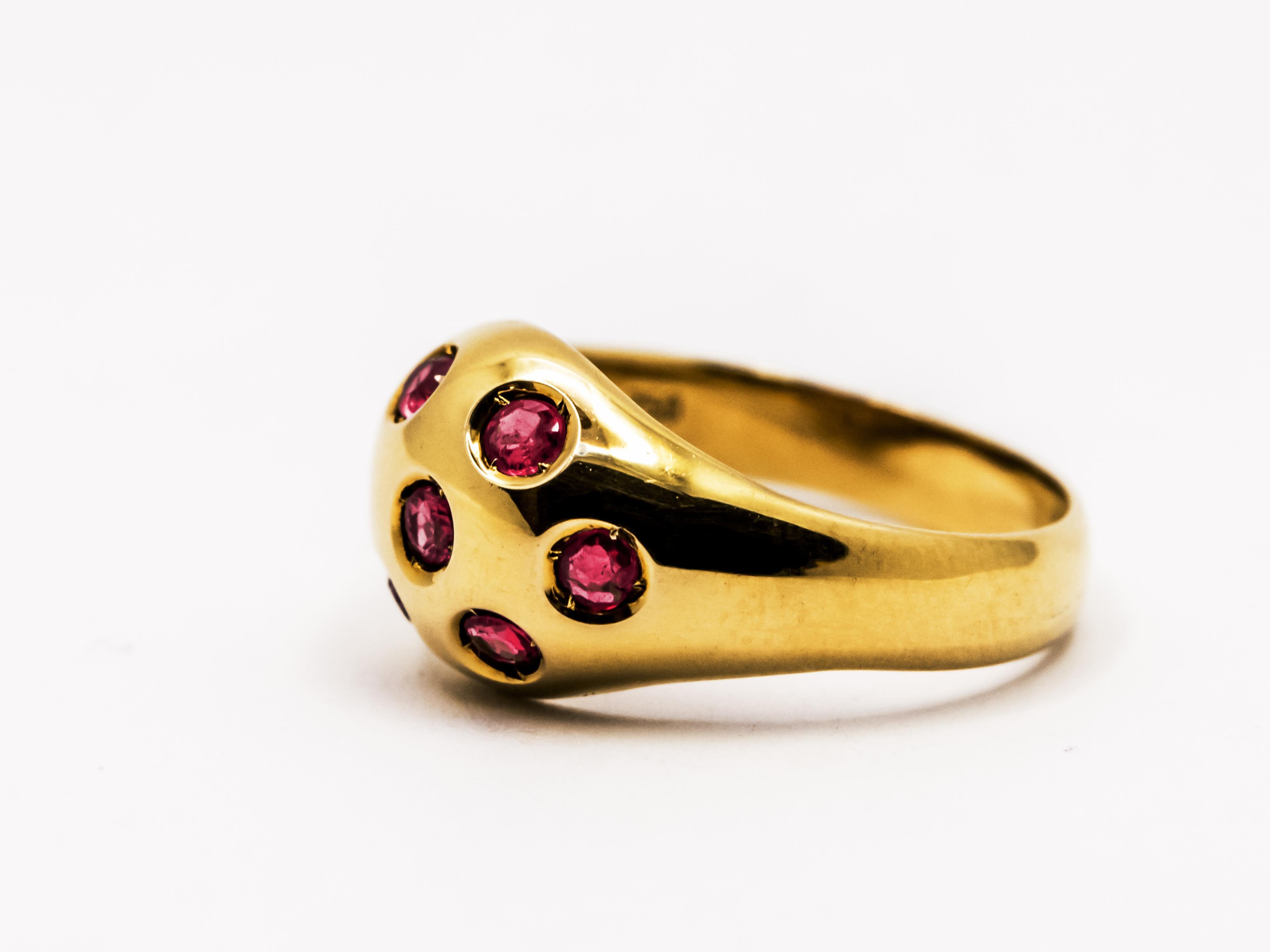 Contemporary 18 Kt Yellow Gold Domed Ring with Rubies For Sale