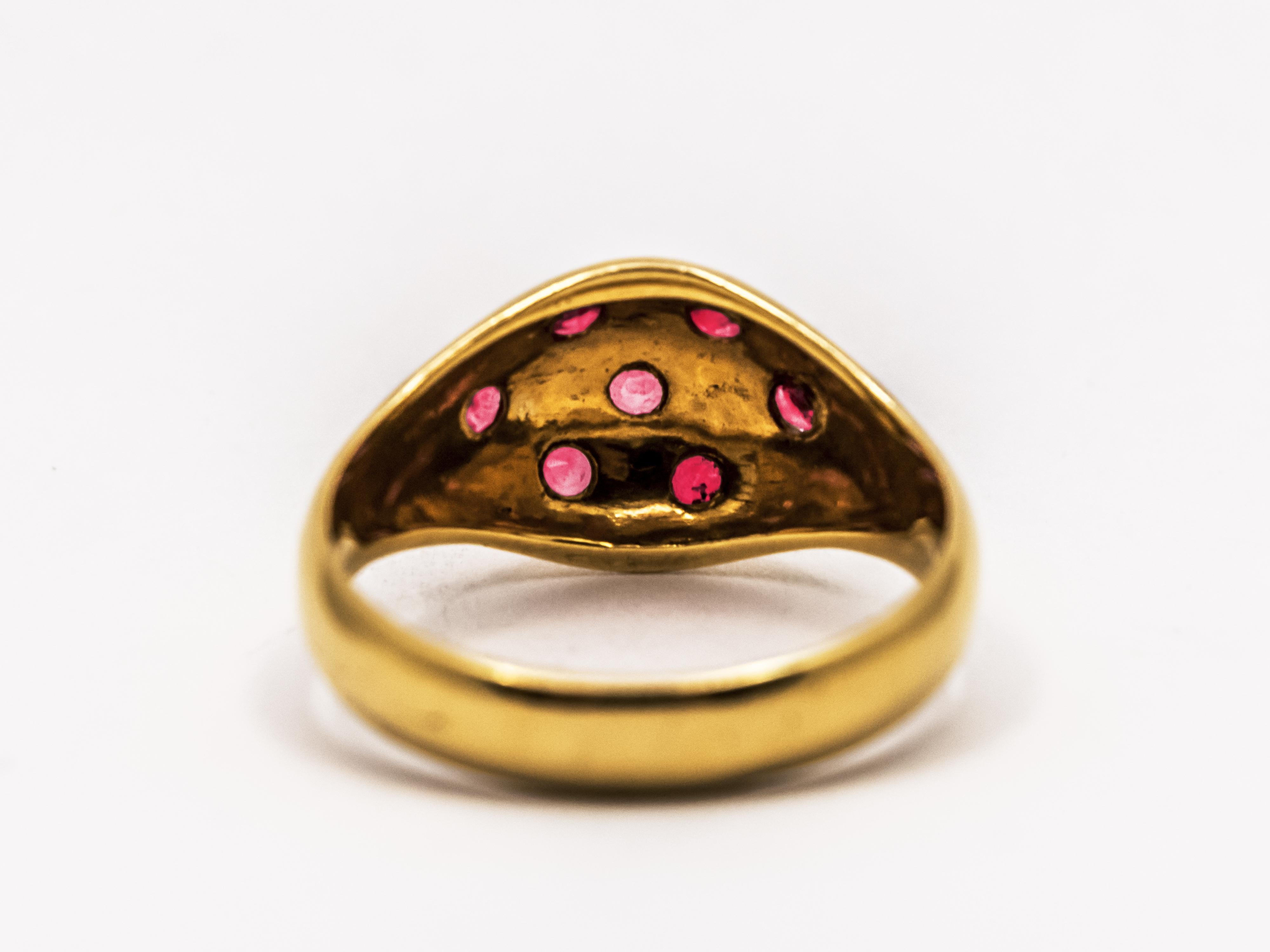 Brilliant Cut 18 Kt Yellow Gold Domed Ring with Rubies For Sale