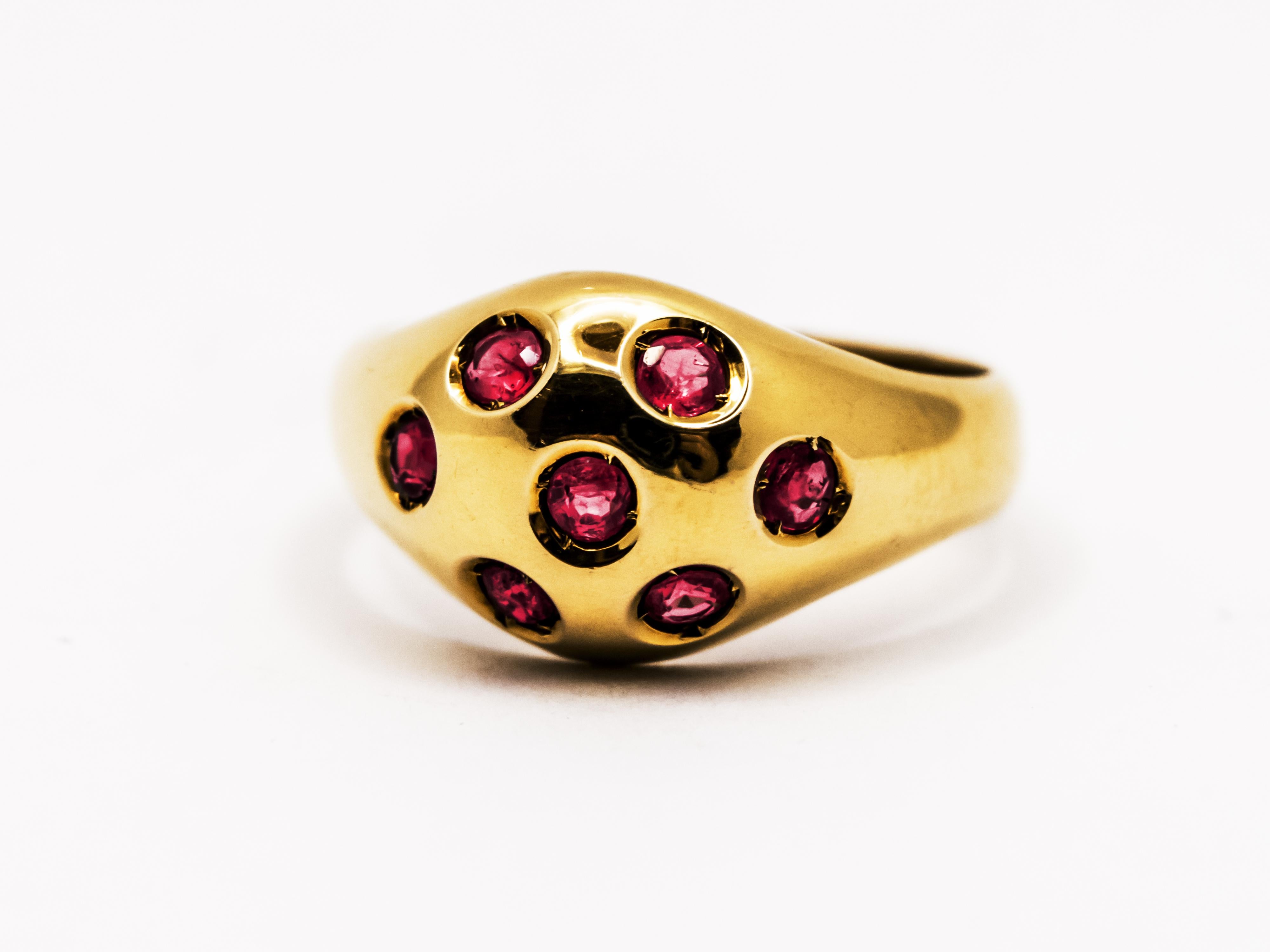 Women's or Men's 18 Kt Yellow Gold Domed Ring with Rubies For Sale