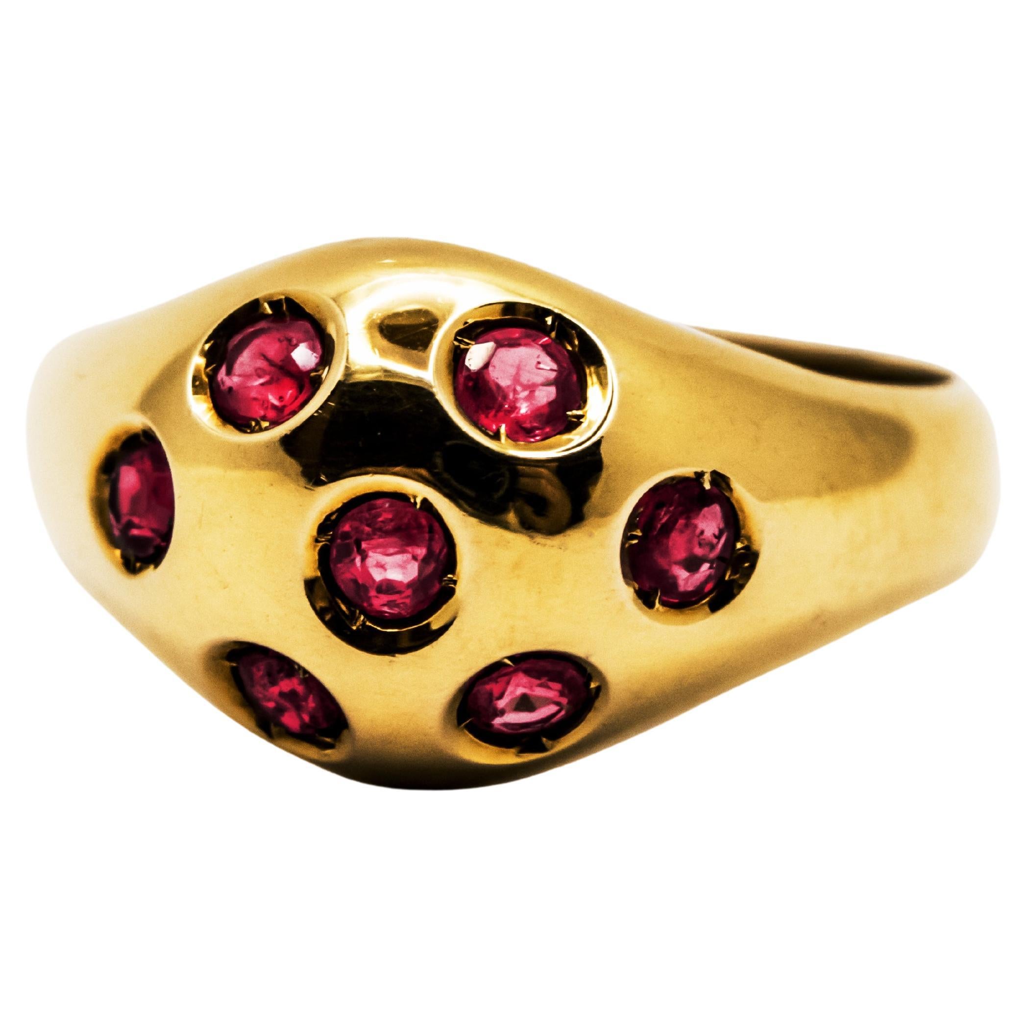 18 Kt Yellow Gold Domed Ring with Rubies For Sale