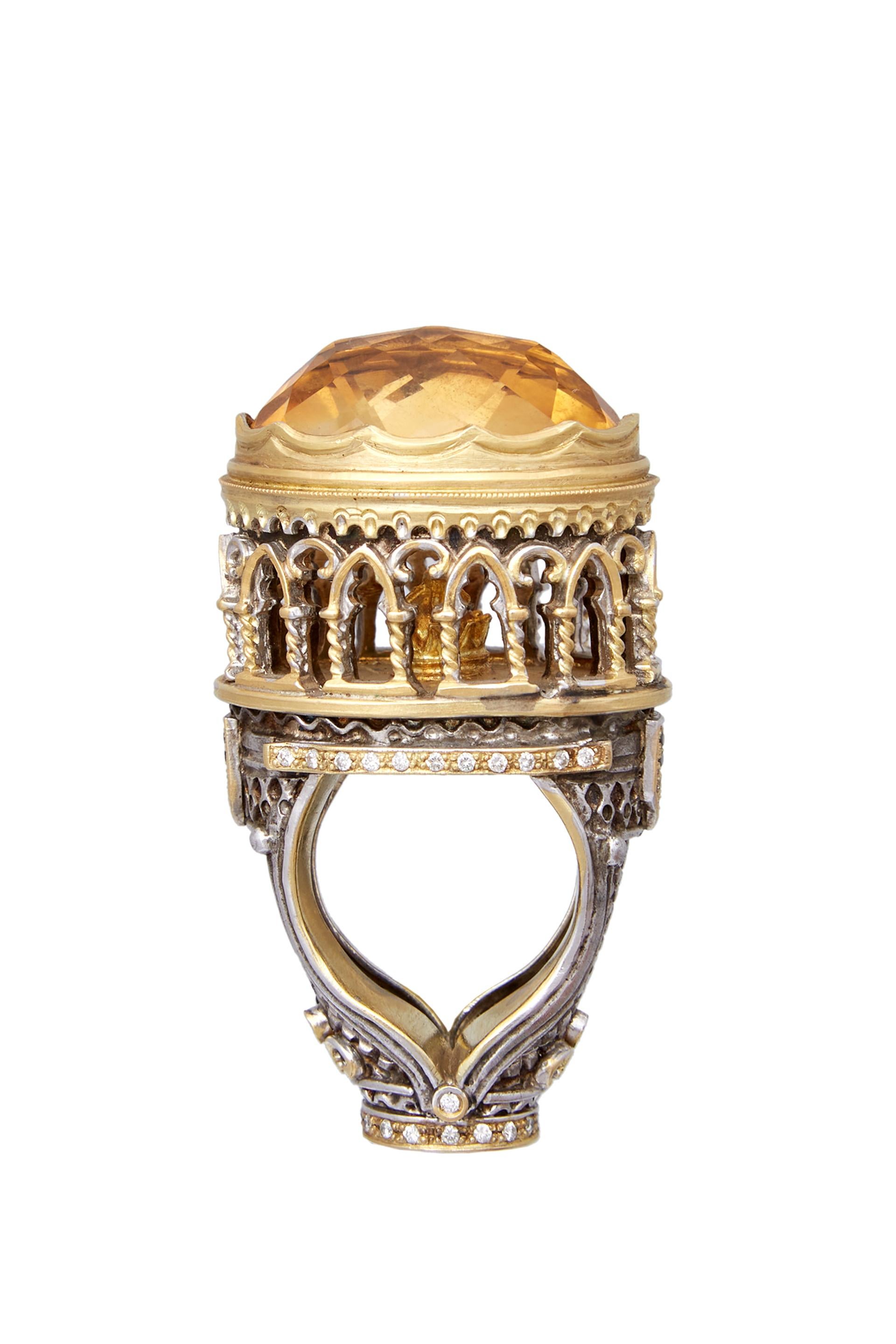 Artist 18kt yellow gold, white gold, silver, diamond and citrine ring For Sale