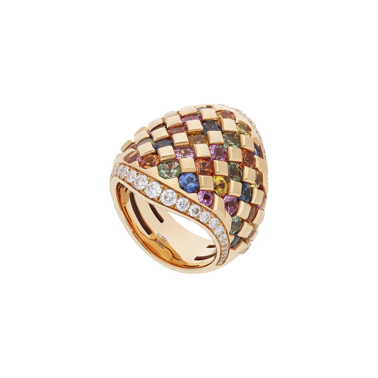 Brilliant Cut 18kt Rose Gold Ring with White Diamonds and Multicolor Sapphires For Sale