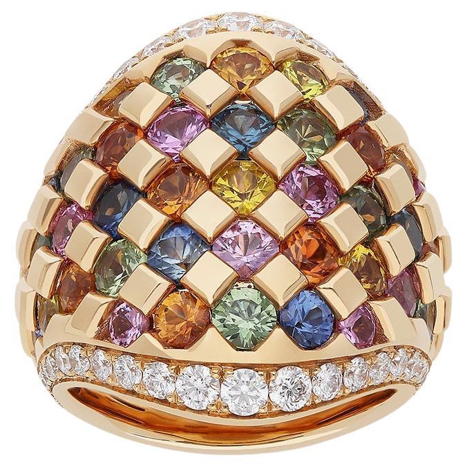 18kt Rose Gold Ring with White Diamonds and Multicolor Sapphires For Sale