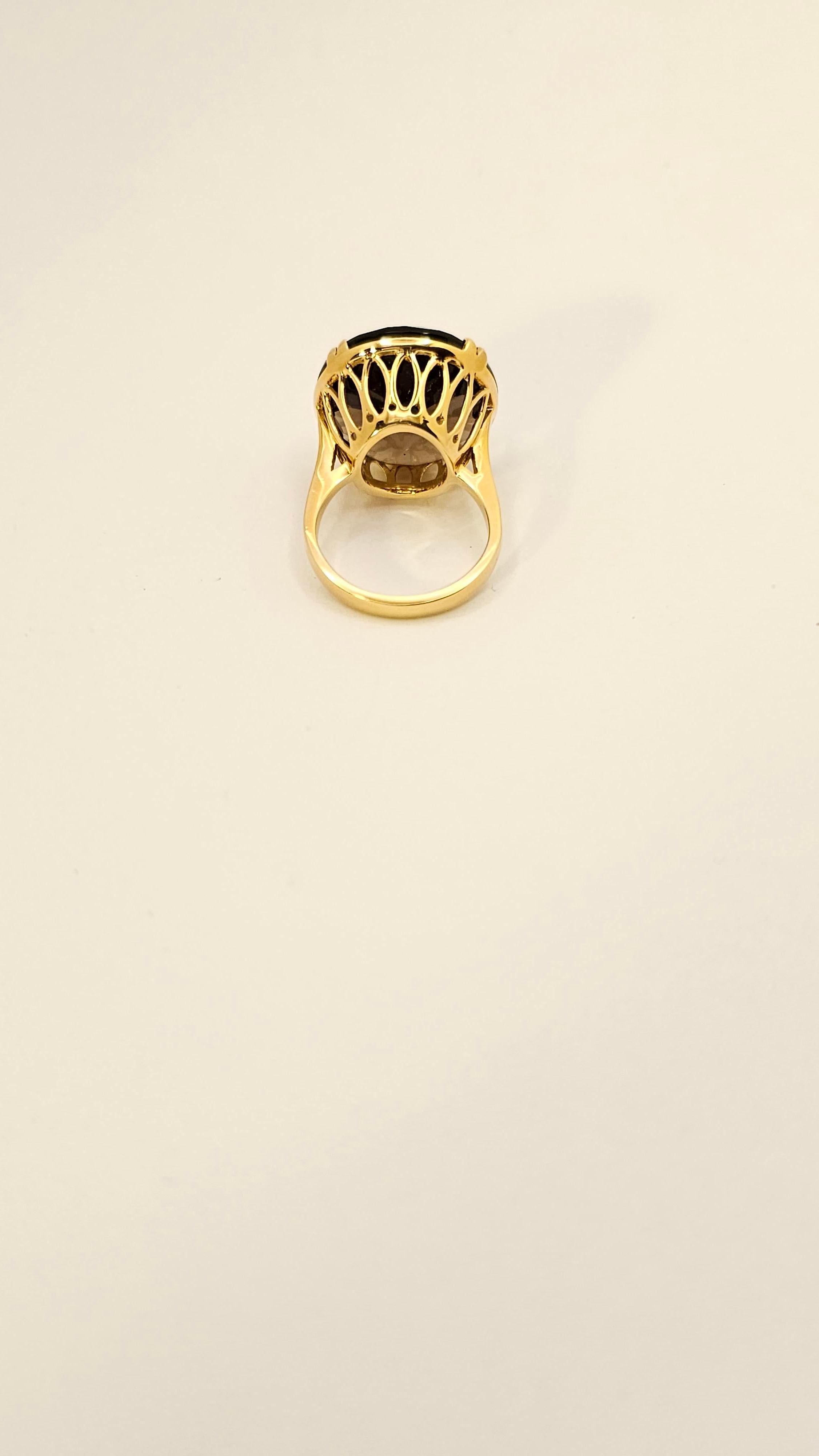 Revival Retro Style Ring in 18 Kt Yellow Gold and Smoky Quartz For Sale