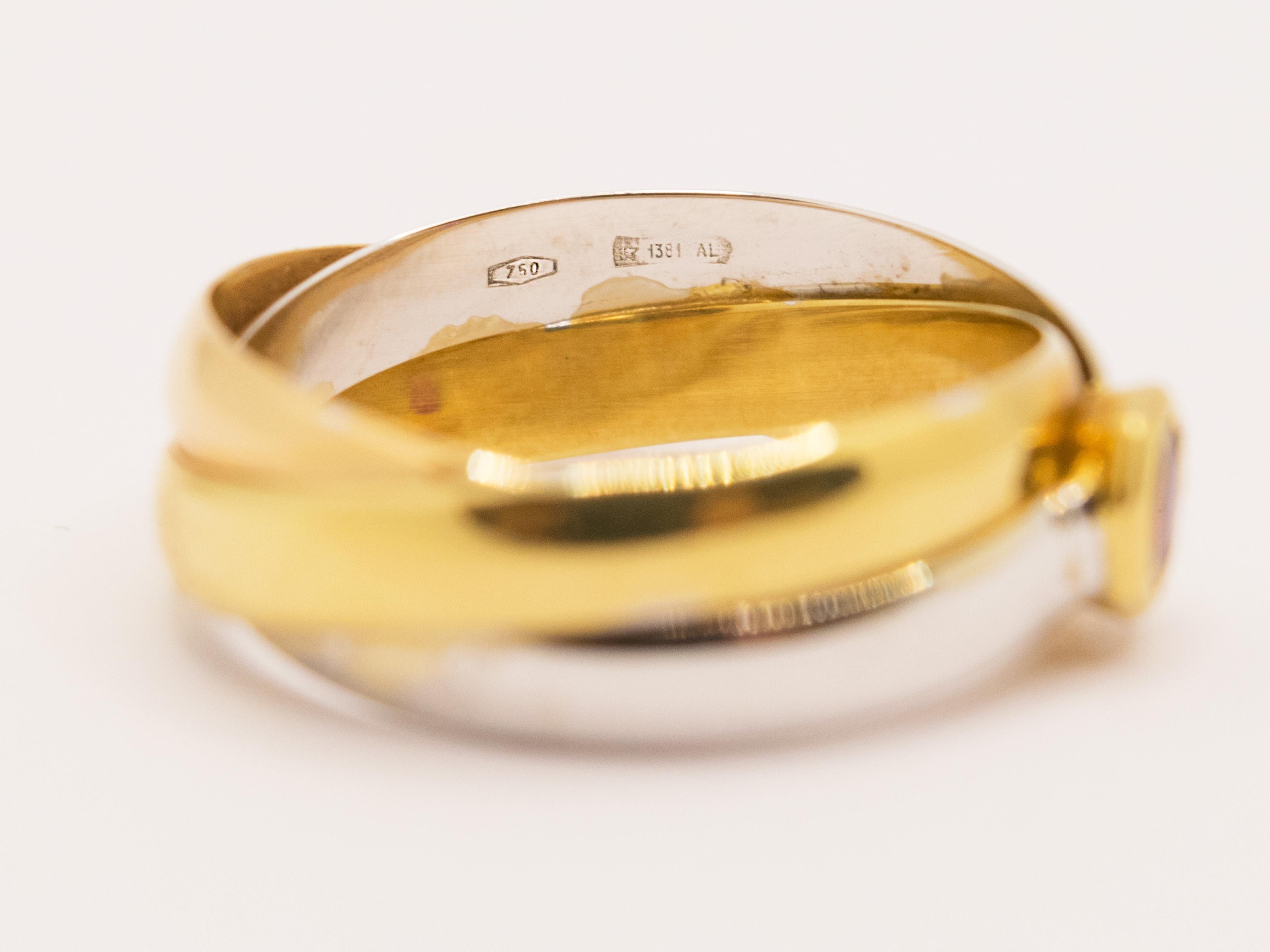 Octagon Cut Ring in Three Shades of 18 kt Gold and Octagonal Ruby For Sale