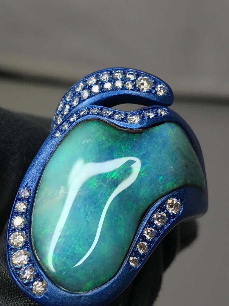 Uncut Alluminium ring with fancy Australian opal and diamonds,  For Sale