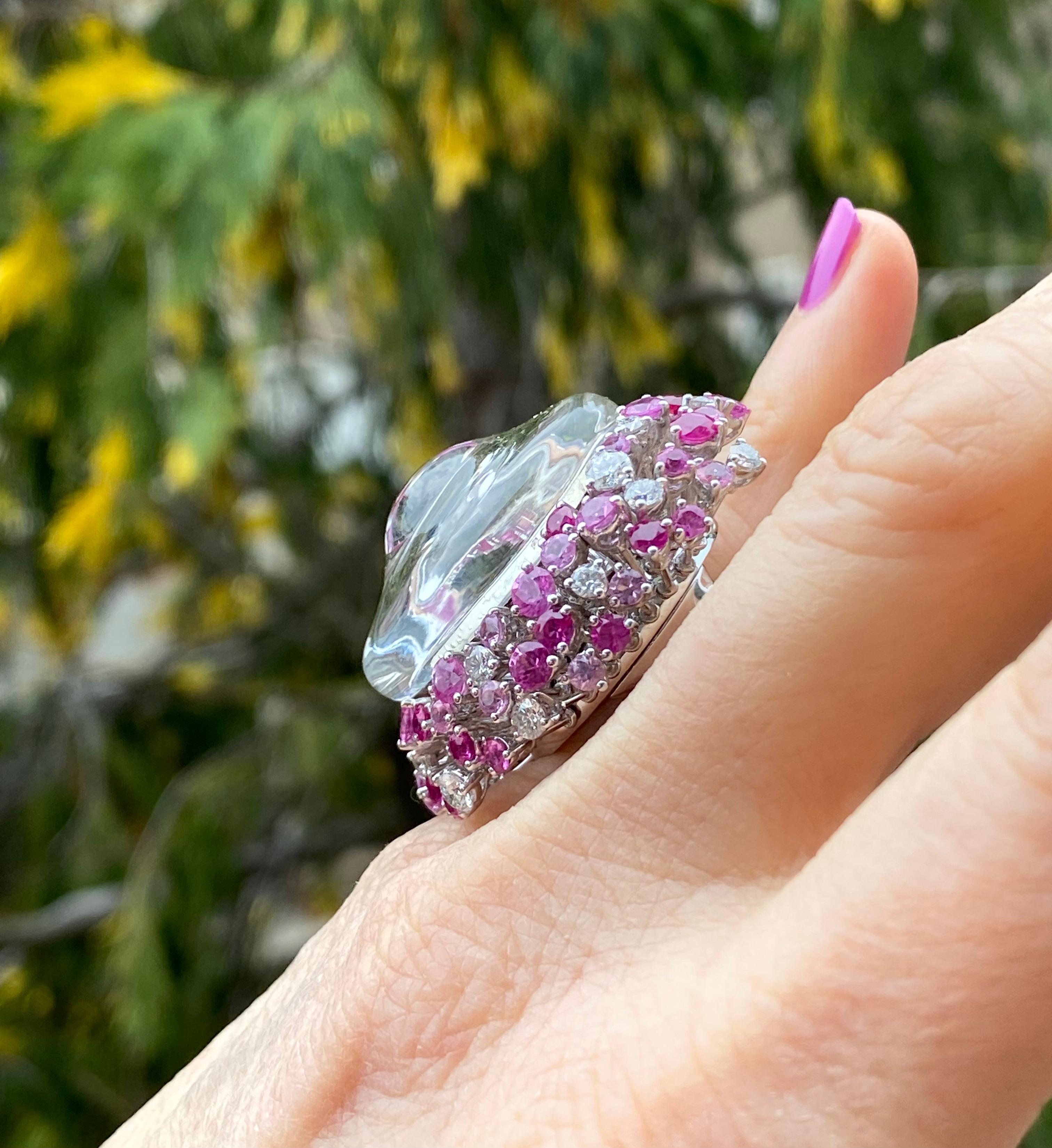 Artist Jellyfish ring in 18Kt gold diamonds sapphires rubies rock crystal For Sale