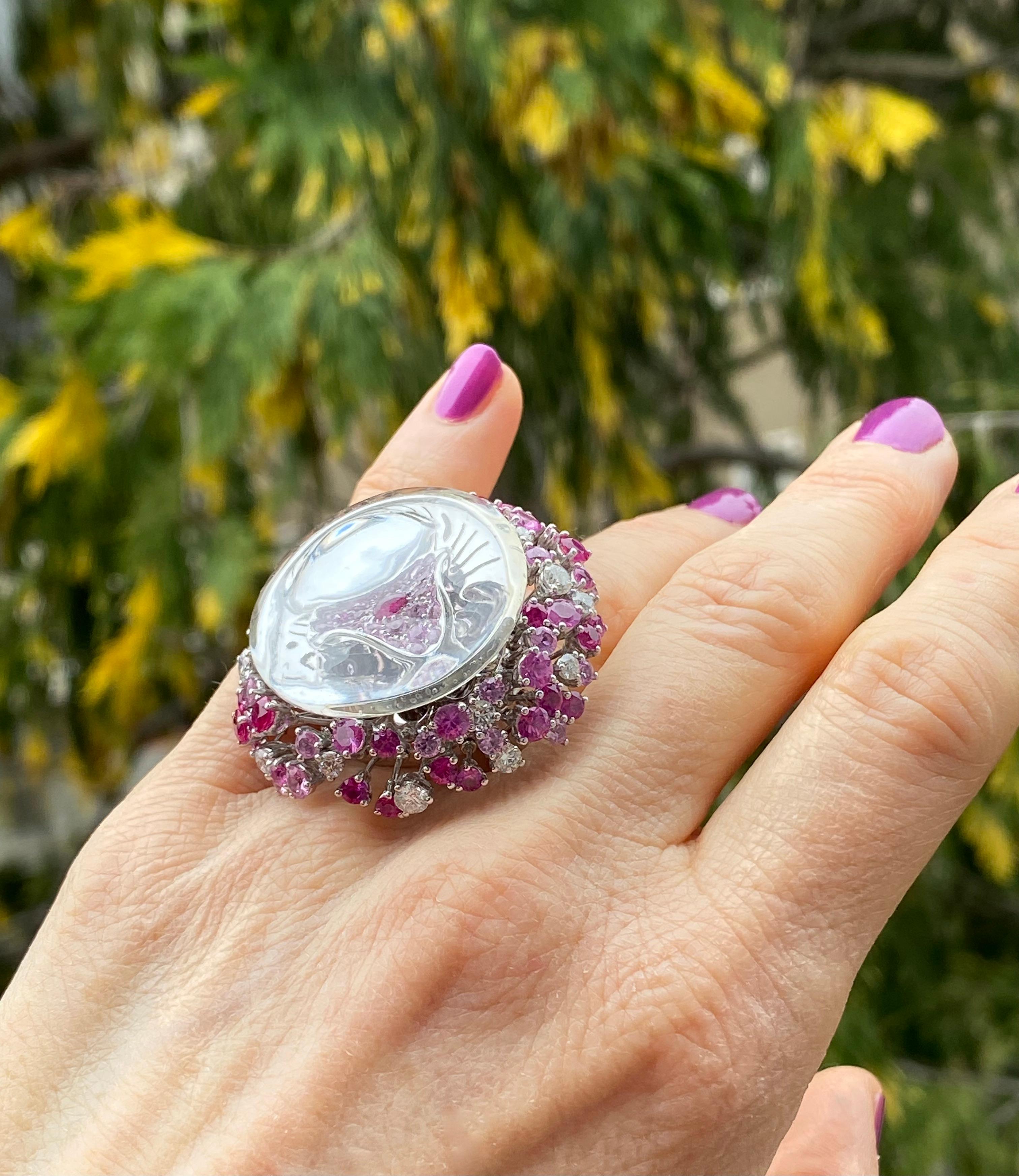 Jellyfish ring in 18Kt gold diamonds sapphires rubies rock crystal In New Condition For Sale In Bussolengo, Verona
