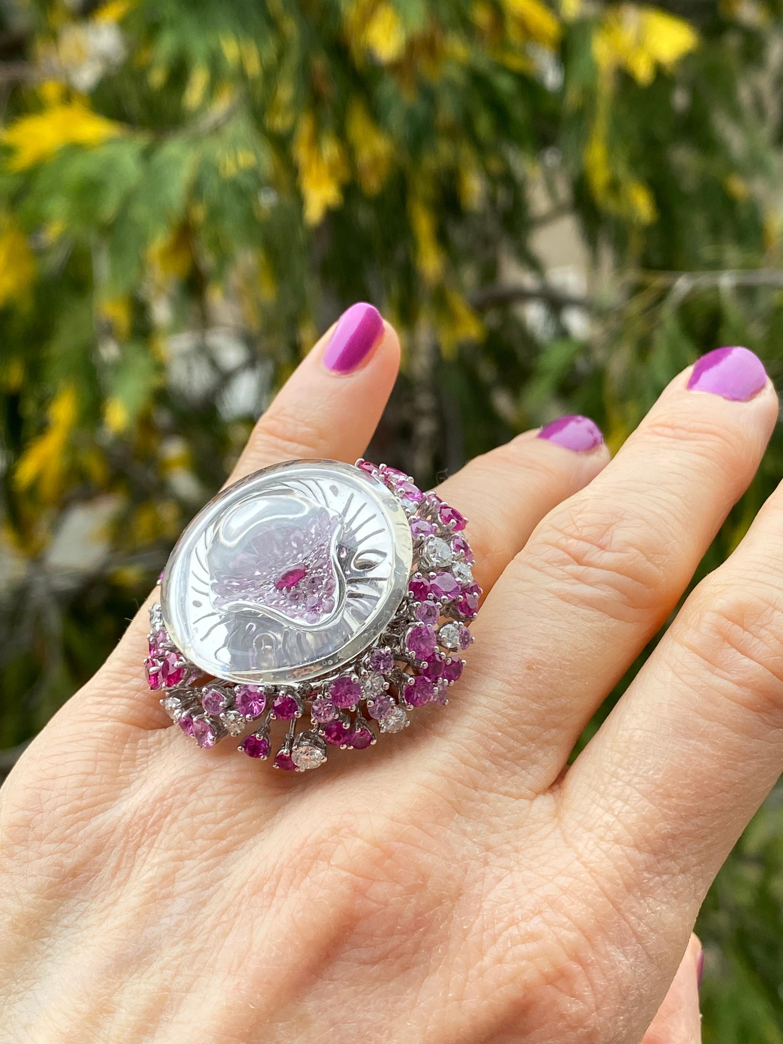 Women's Jellyfish ring in 18Kt gold diamonds sapphires rubies rock crystal For Sale