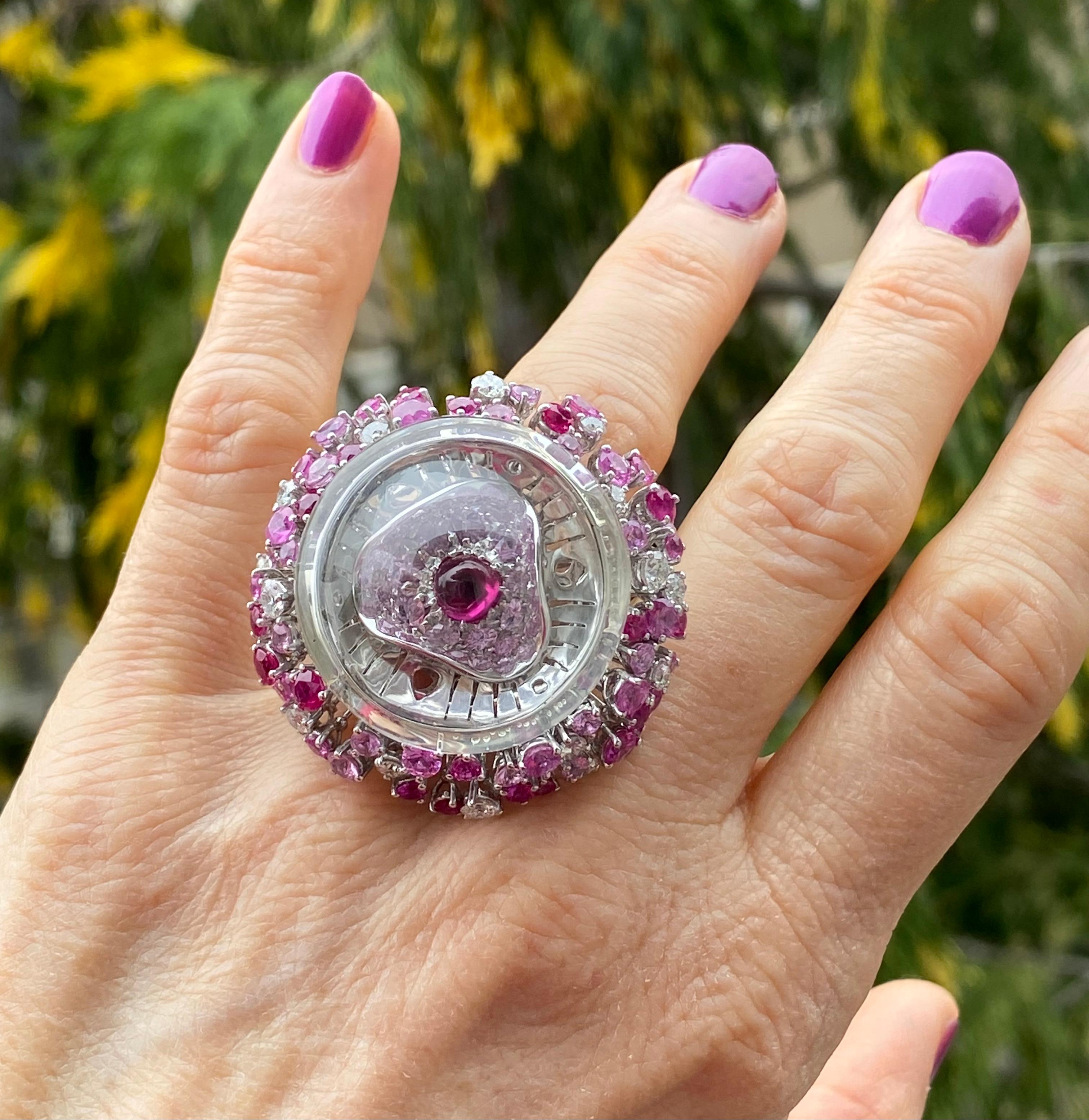 Jellyfish ring in 18Kt gold diamonds sapphires rubies rock crystal For Sale 1