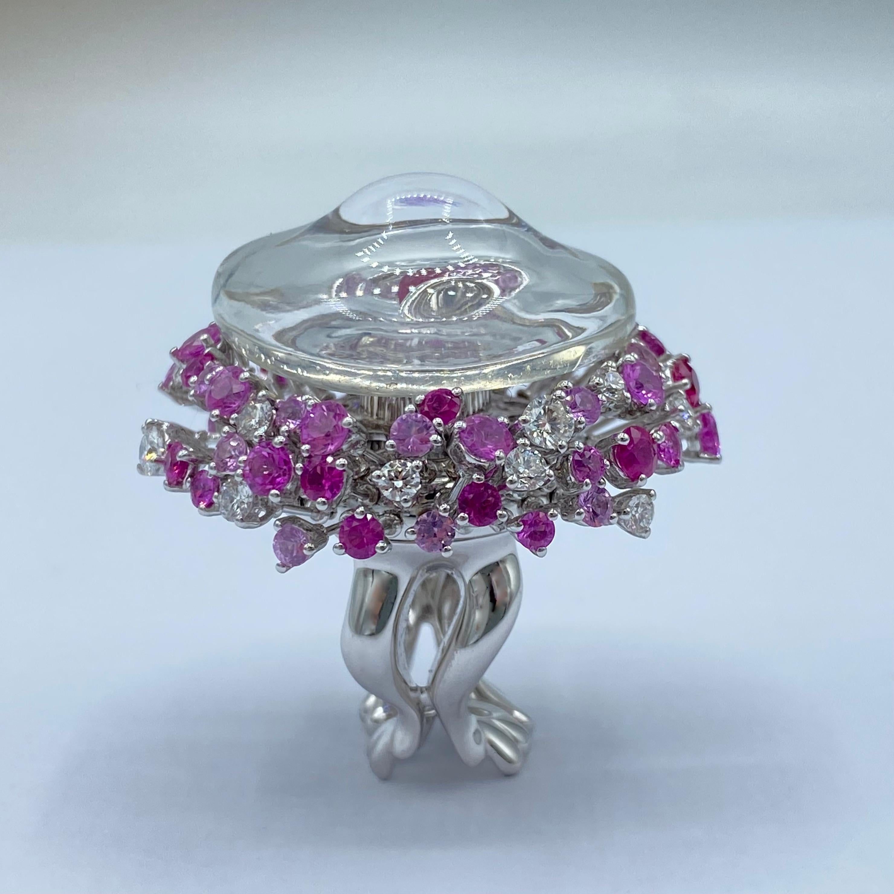 Jellyfish ring in 18Kt gold diamonds sapphires rubies rock crystal For Sale 2
