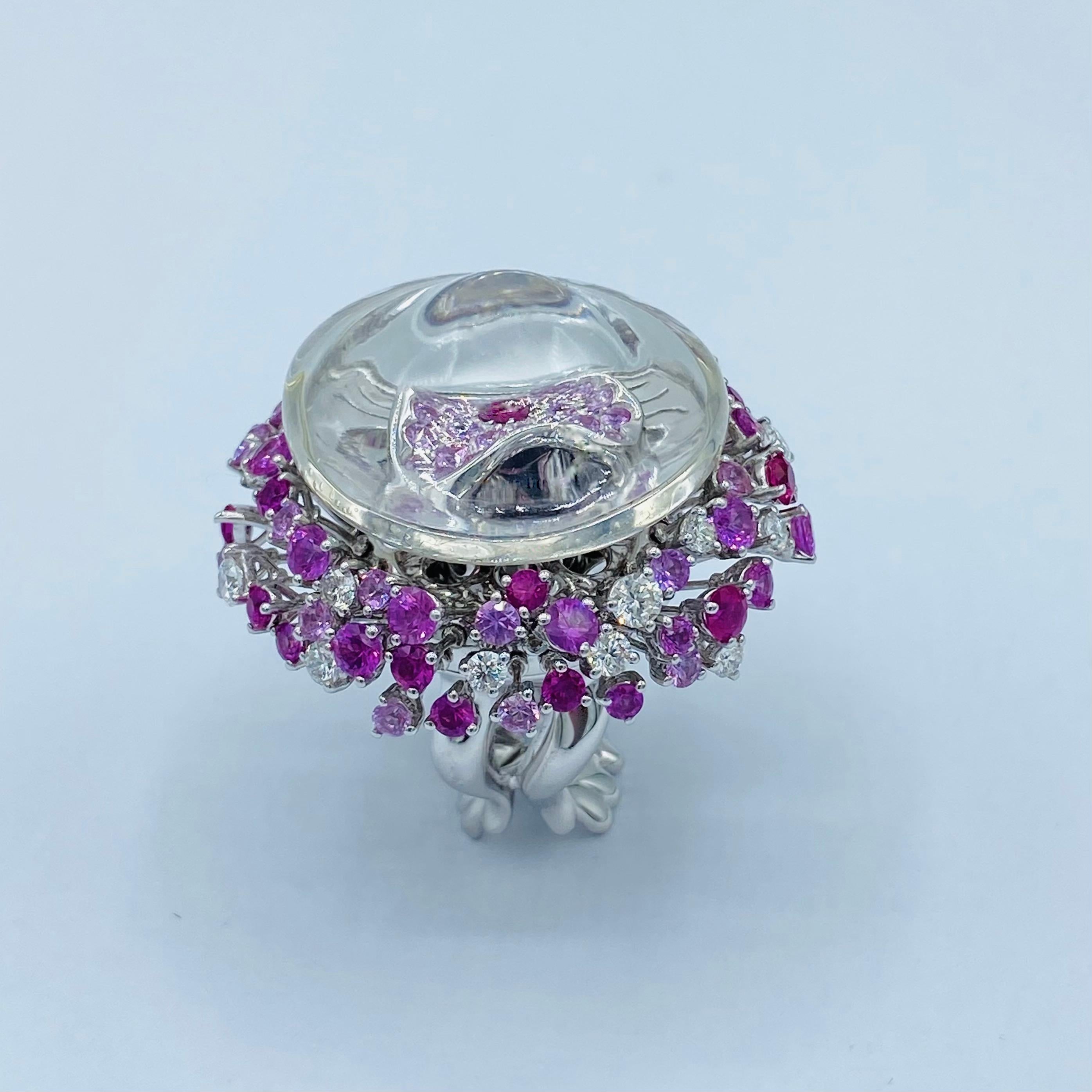 Jellyfish ring in 18Kt gold diamonds sapphires rubies rock crystal For Sale 3