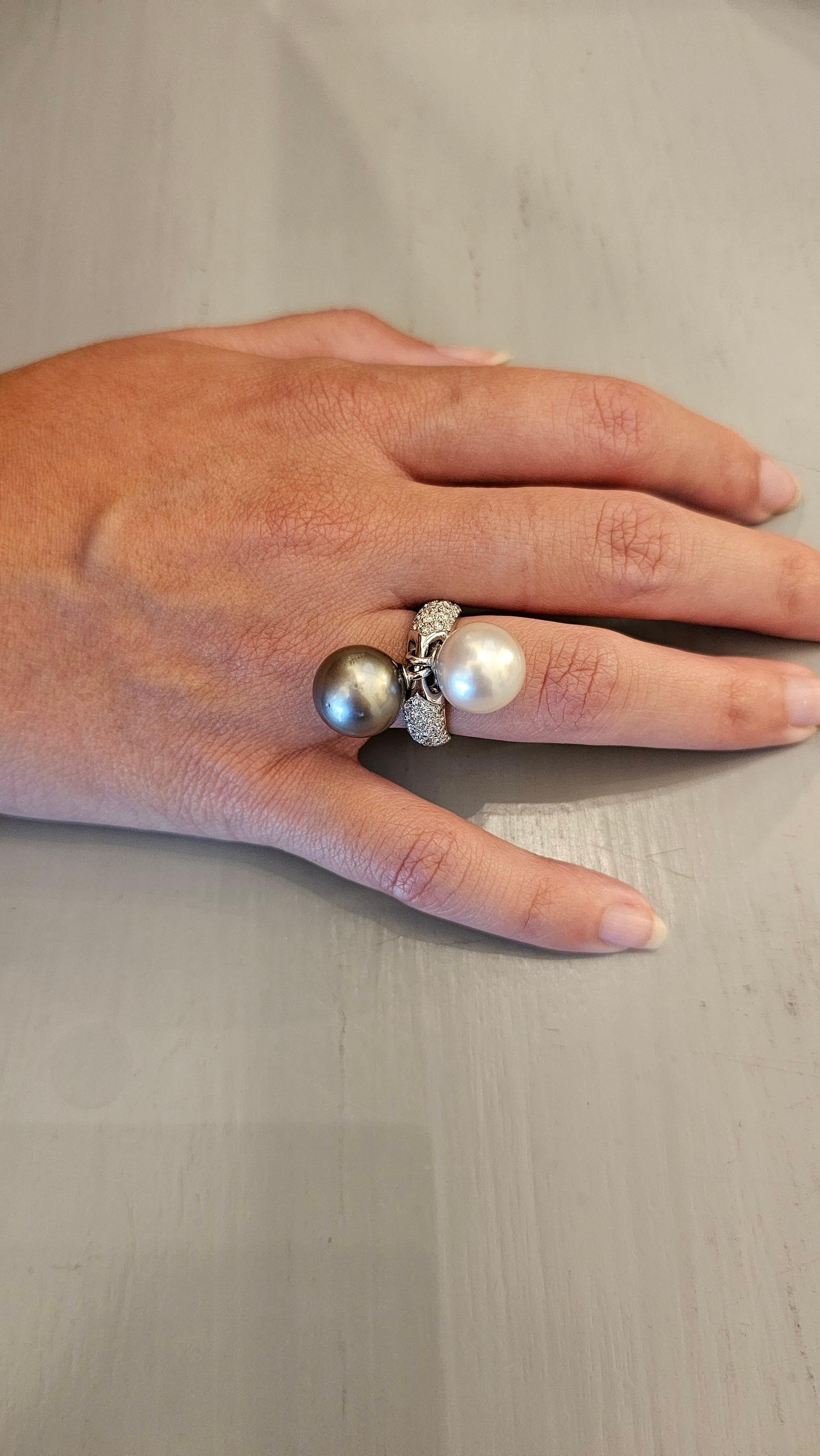 Rinaldo Gavello Ring in White Gold and Diamonds, Tahitian and Australian Pearl For Sale 4