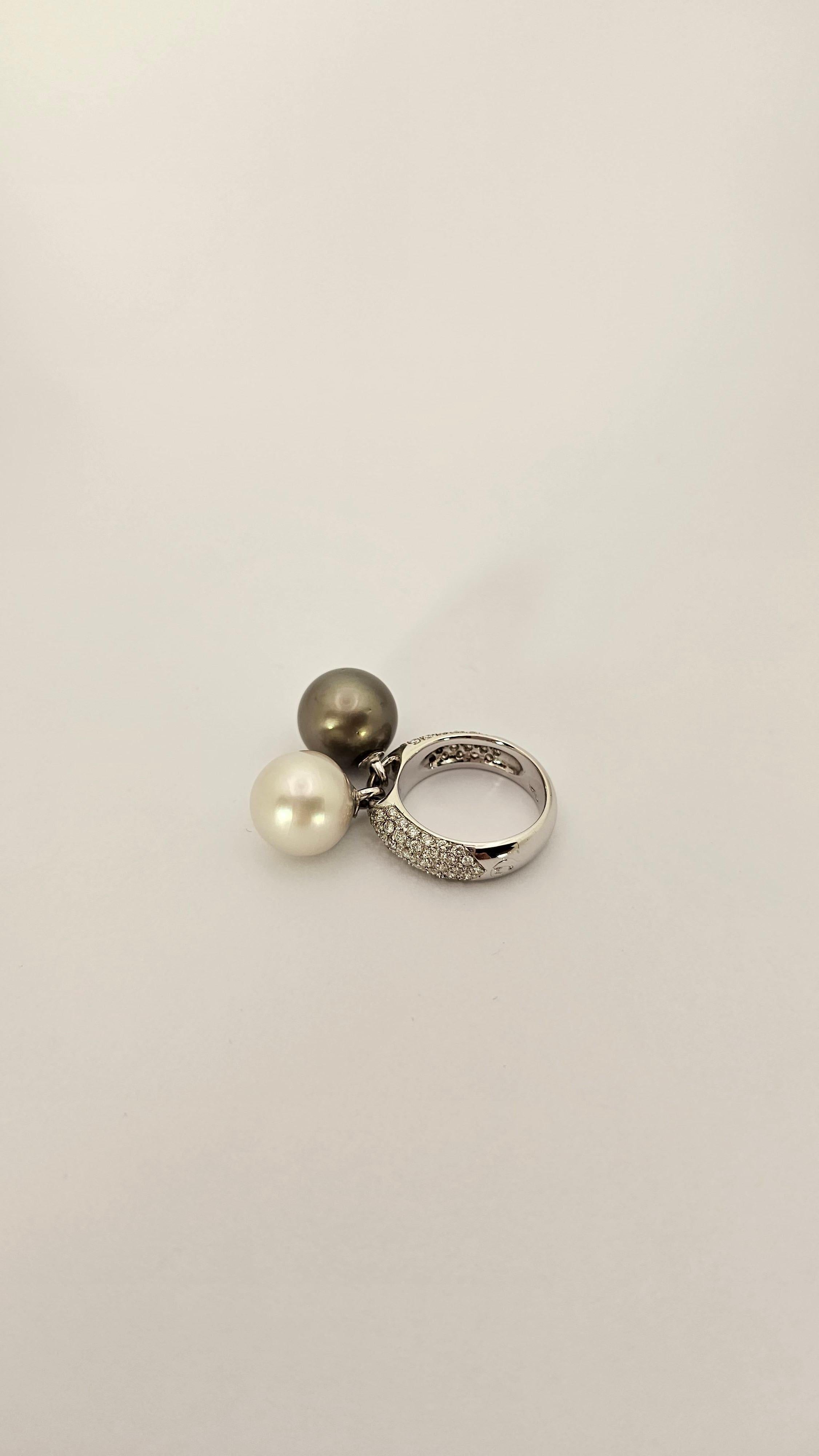Women's or Men's Rinaldo Gavello Ring in White Gold and Diamonds, Tahitian and Australian Pearl For Sale