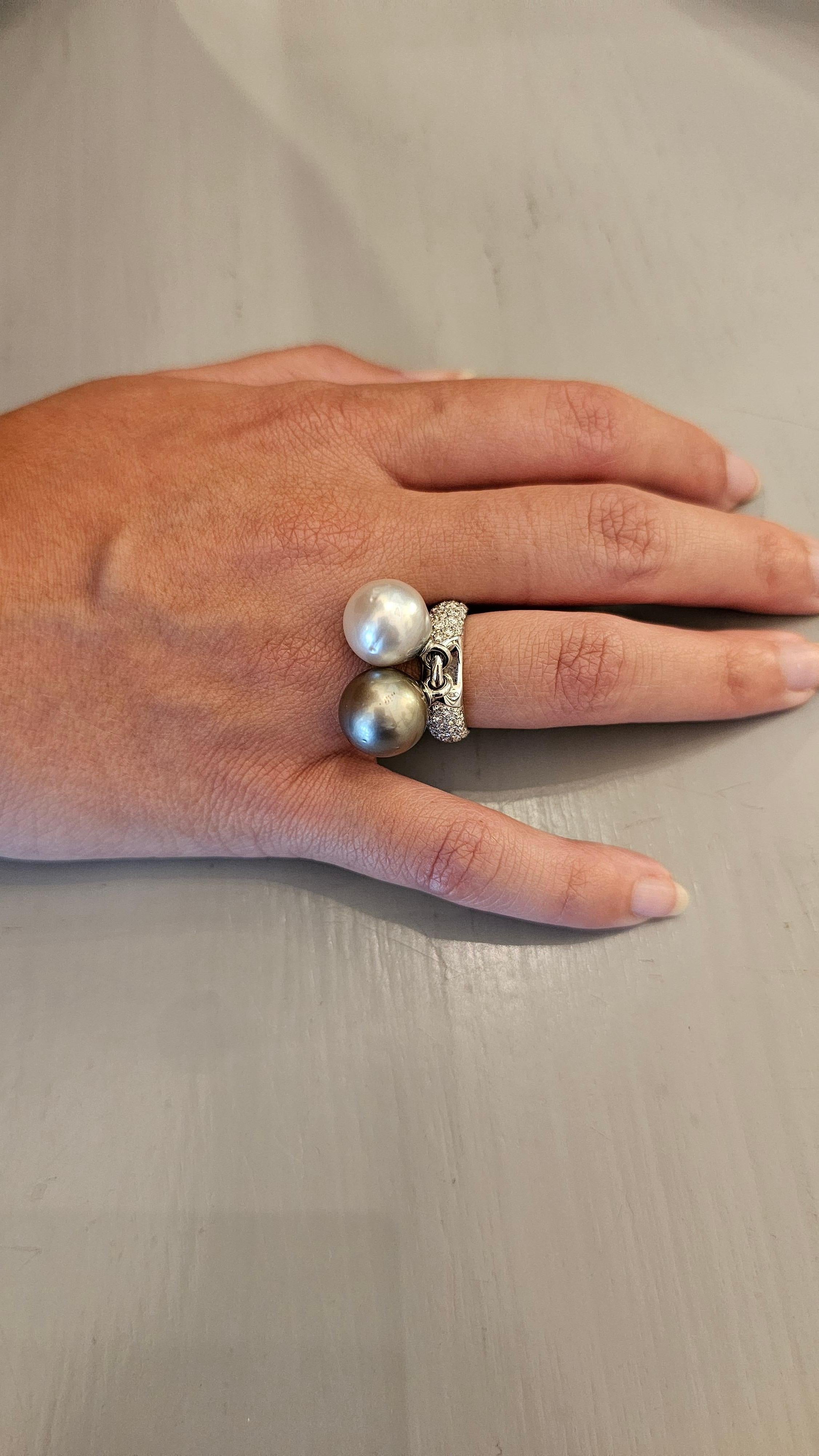 Rinaldo Gavello Ring in White Gold and Diamonds, Tahitian and Australian Pearl For Sale 3