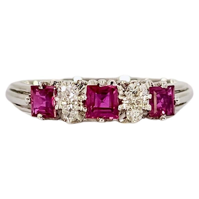 Riviera Ring in White Gold, Carré Rubies and Diamonds For Sale
