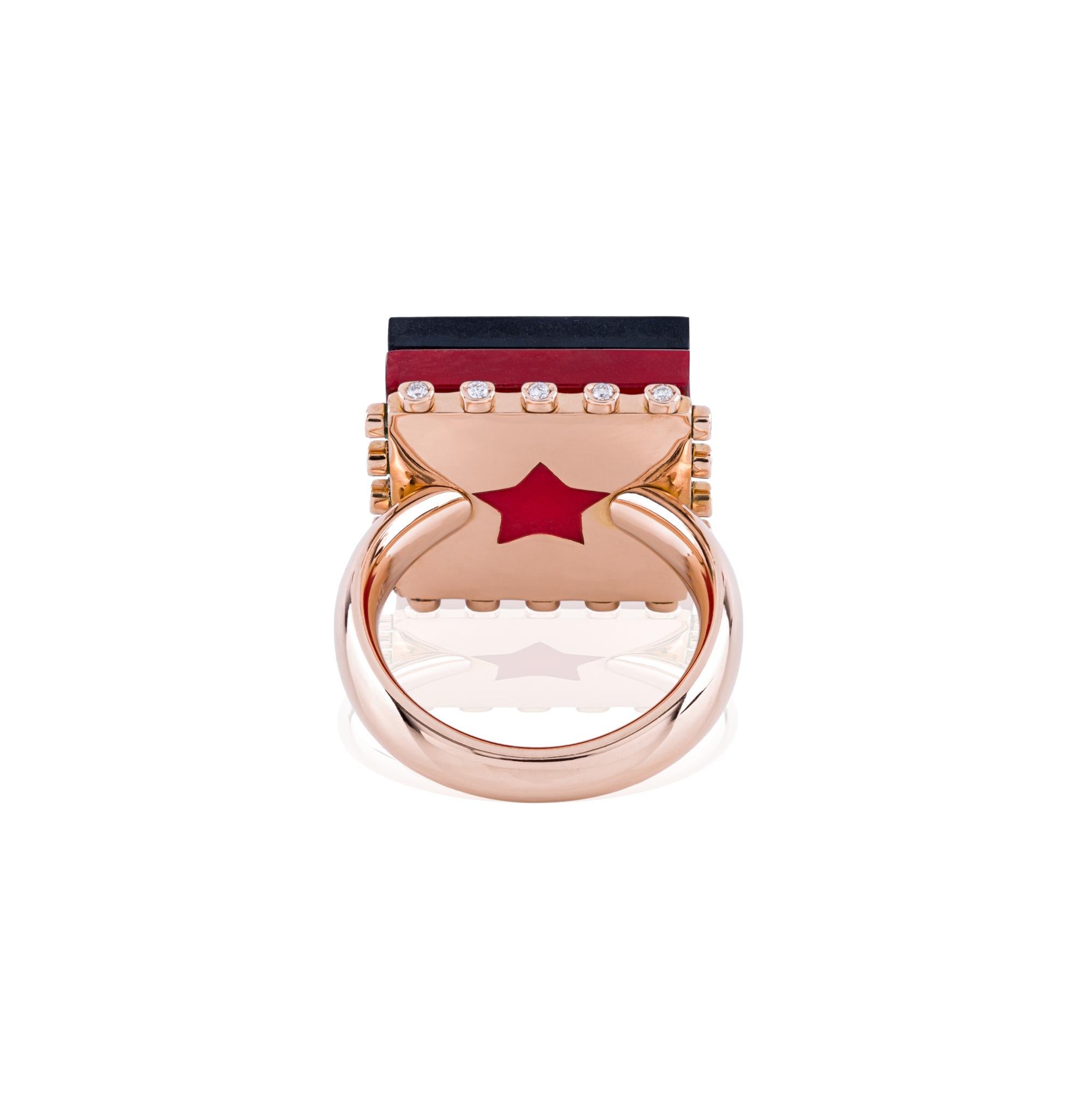 Moderno Anello ROCKSTAR in oro rosa, titanio, cristallo di rocca, diam. ct 0.40 e smalto in vendita
