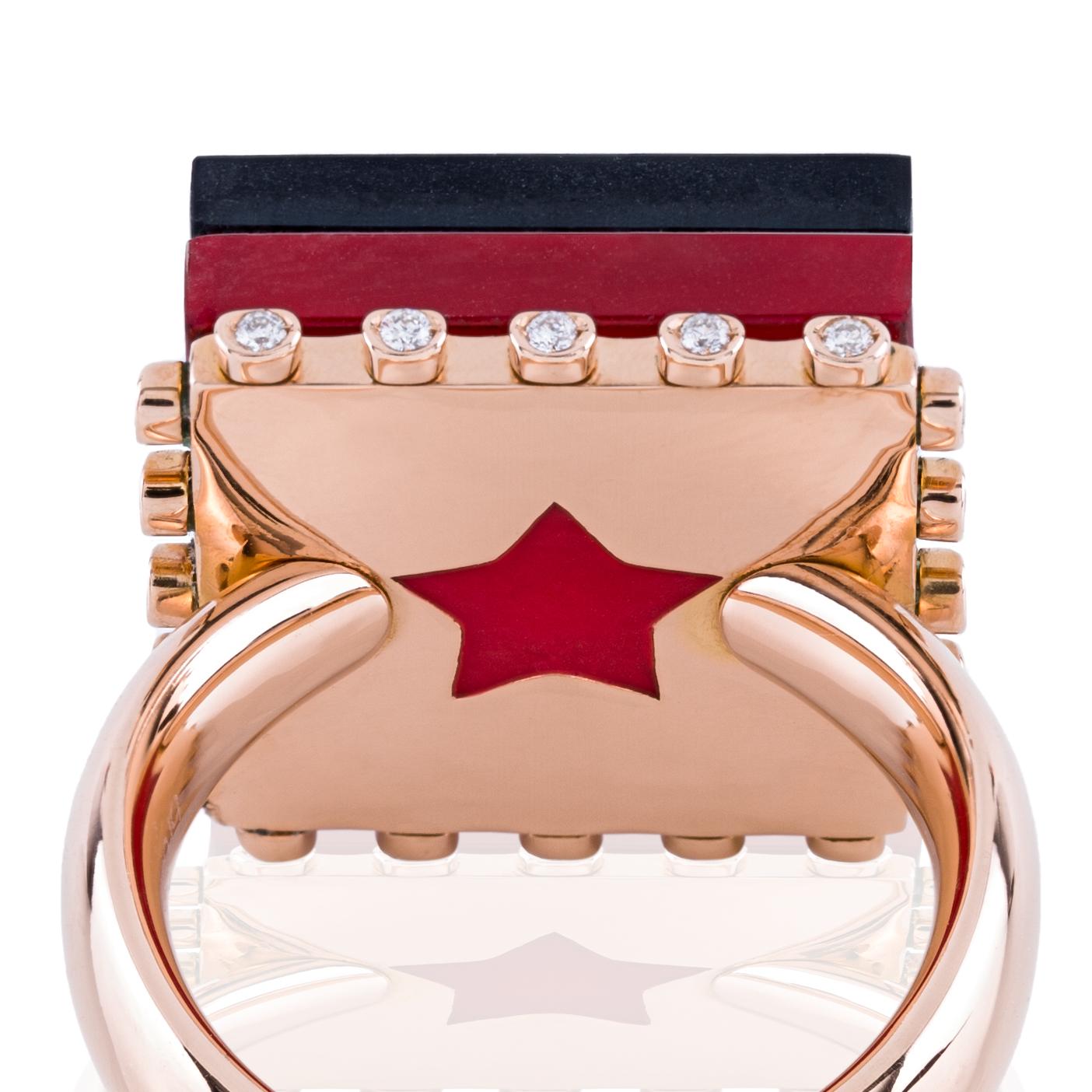 Bague ROCKSTAR en or rose, titane, cristal de roche, ct. 0.40 et émail en vente 1
