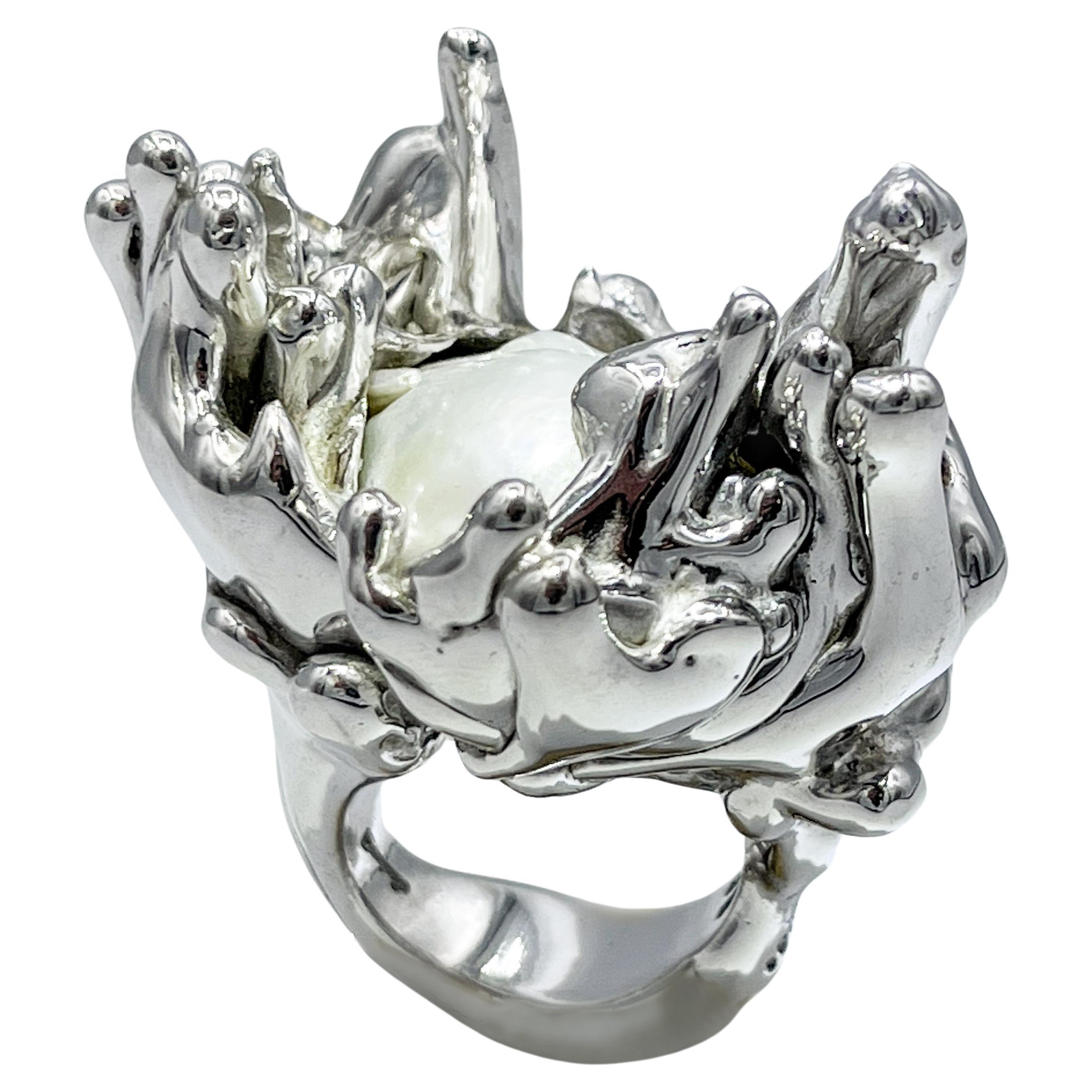 925 Sterling Silver and Australian Pearl Sculpture Ring For Sale