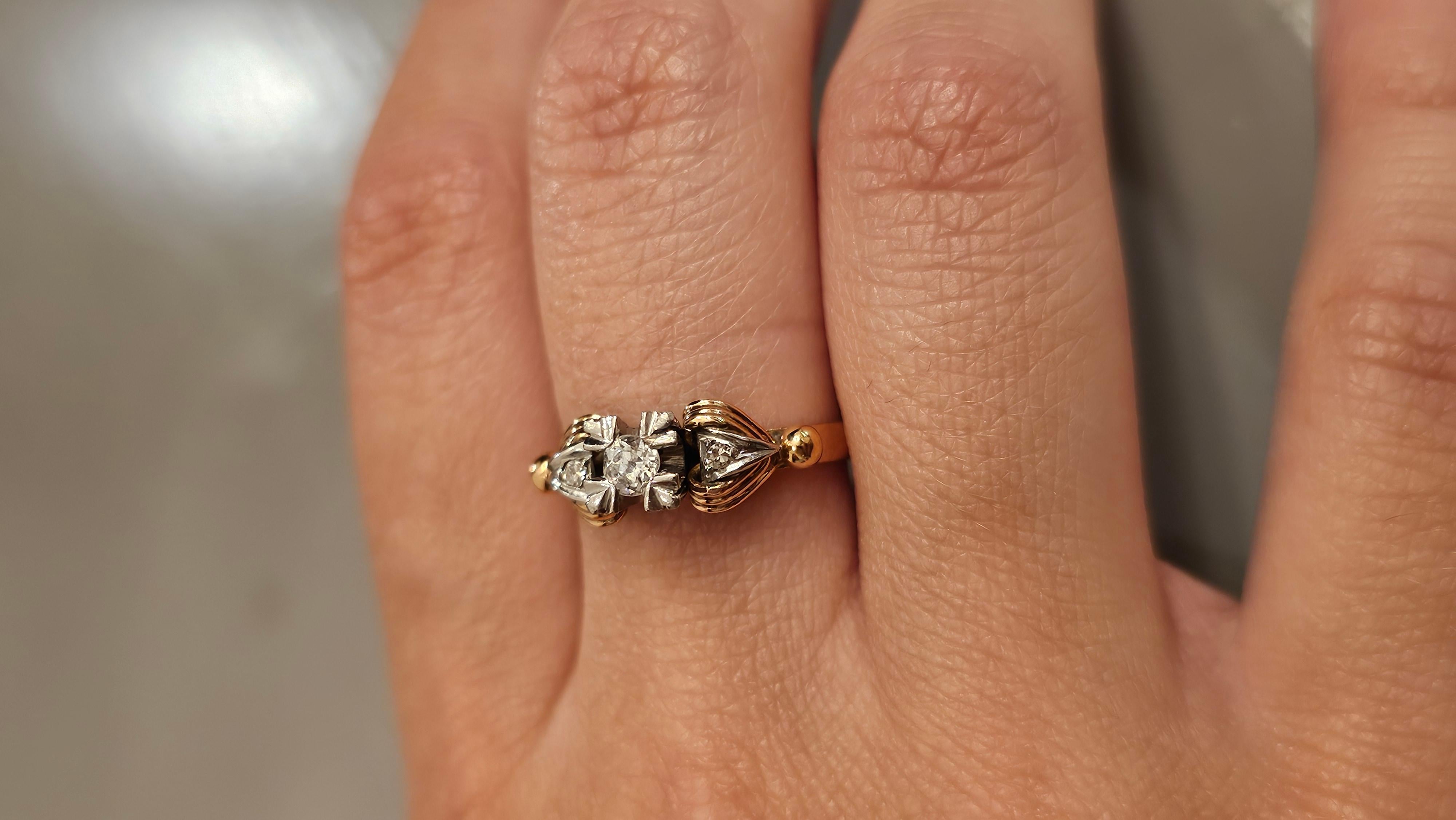 Anello Solitario Art Decò con Diamante in Oro Rosa e Bianco 18Kt en vente 4