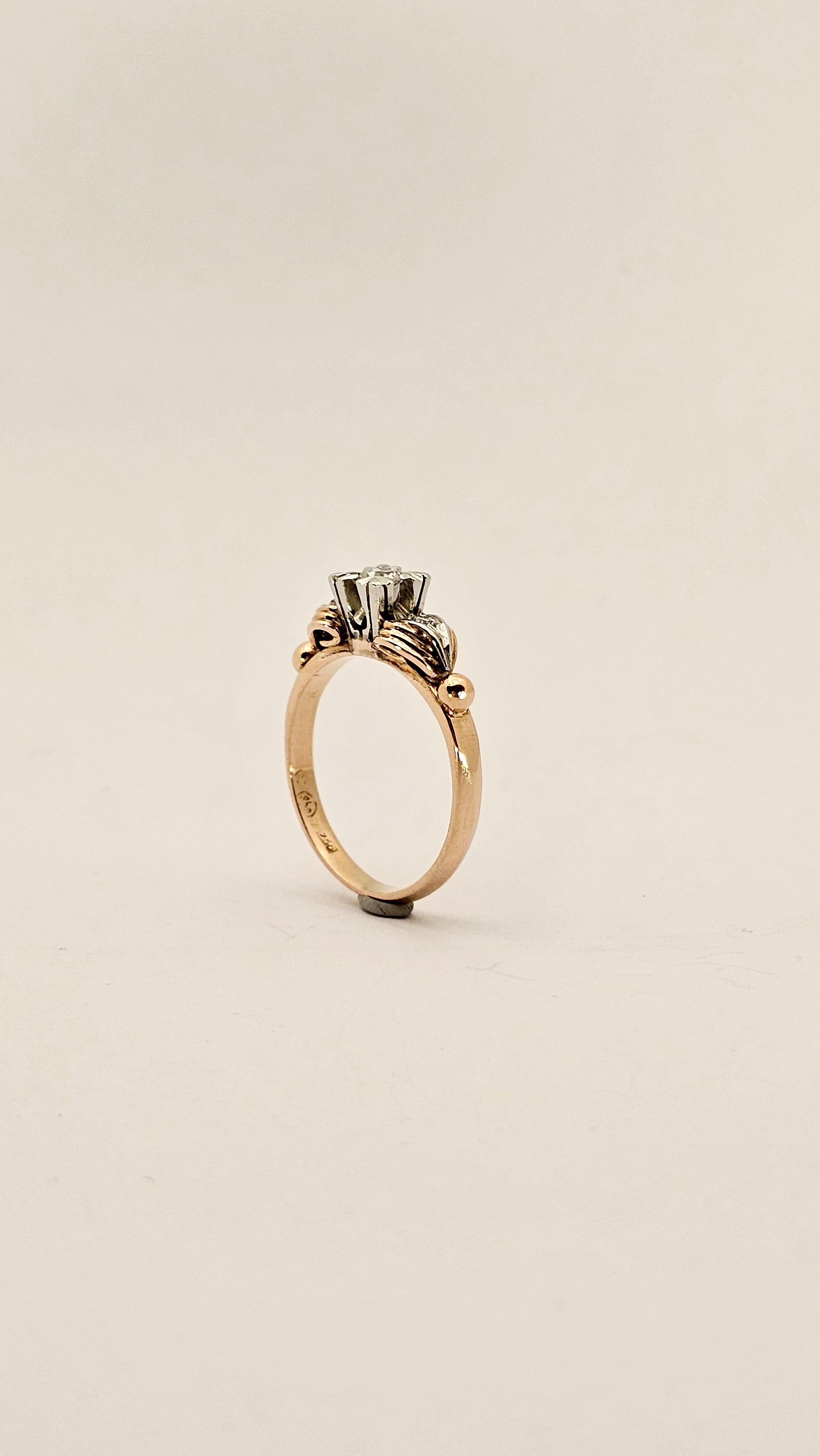 Anello Solitario Art Decò con Diamante in Oro Rosa e Bianco 18Kt Unisexe en vente