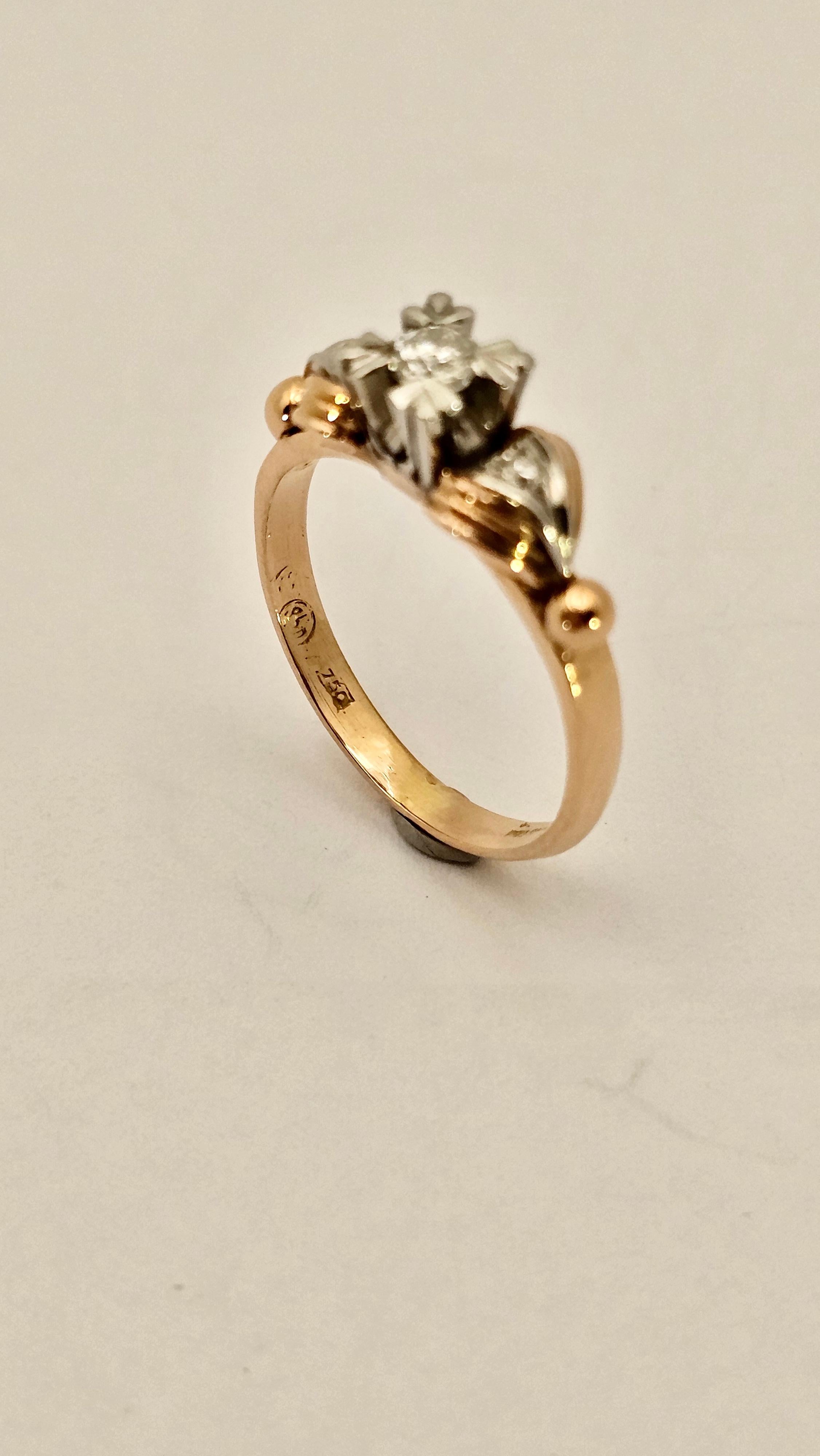Anello Solitario Art Decò con Diamante in Oro Rosa e Bianco 18Kt en vente 1