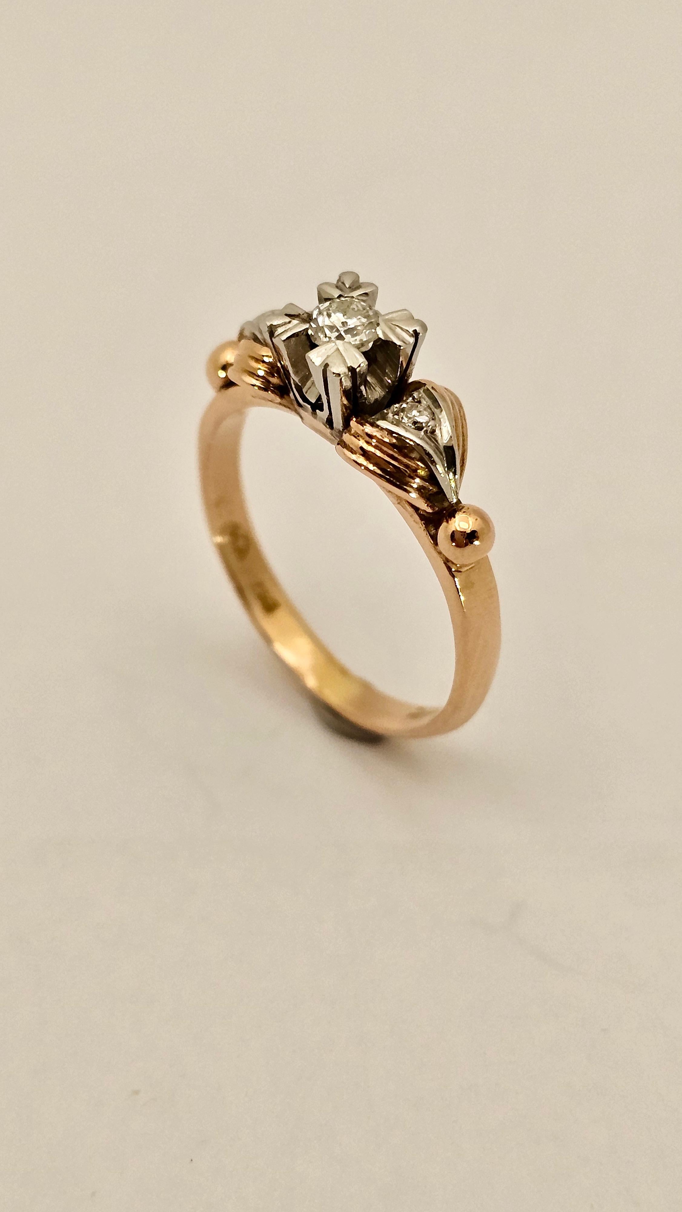 Anello Solitario Art Decò con Diamante in Oro Rosa e Bianco 18Kt en vente 2