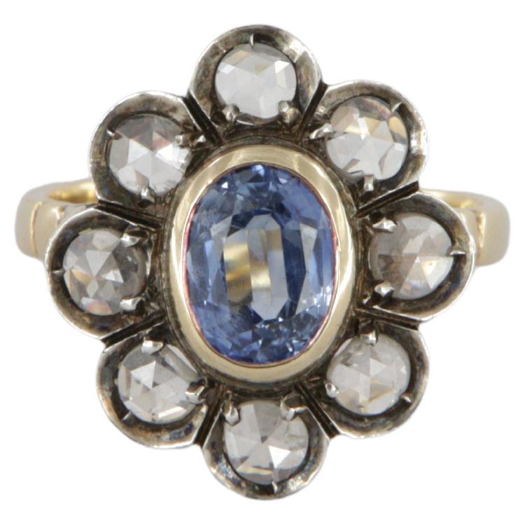 Bague de style antique en or et argent avec diamants et saphir ovale ct. 1.37