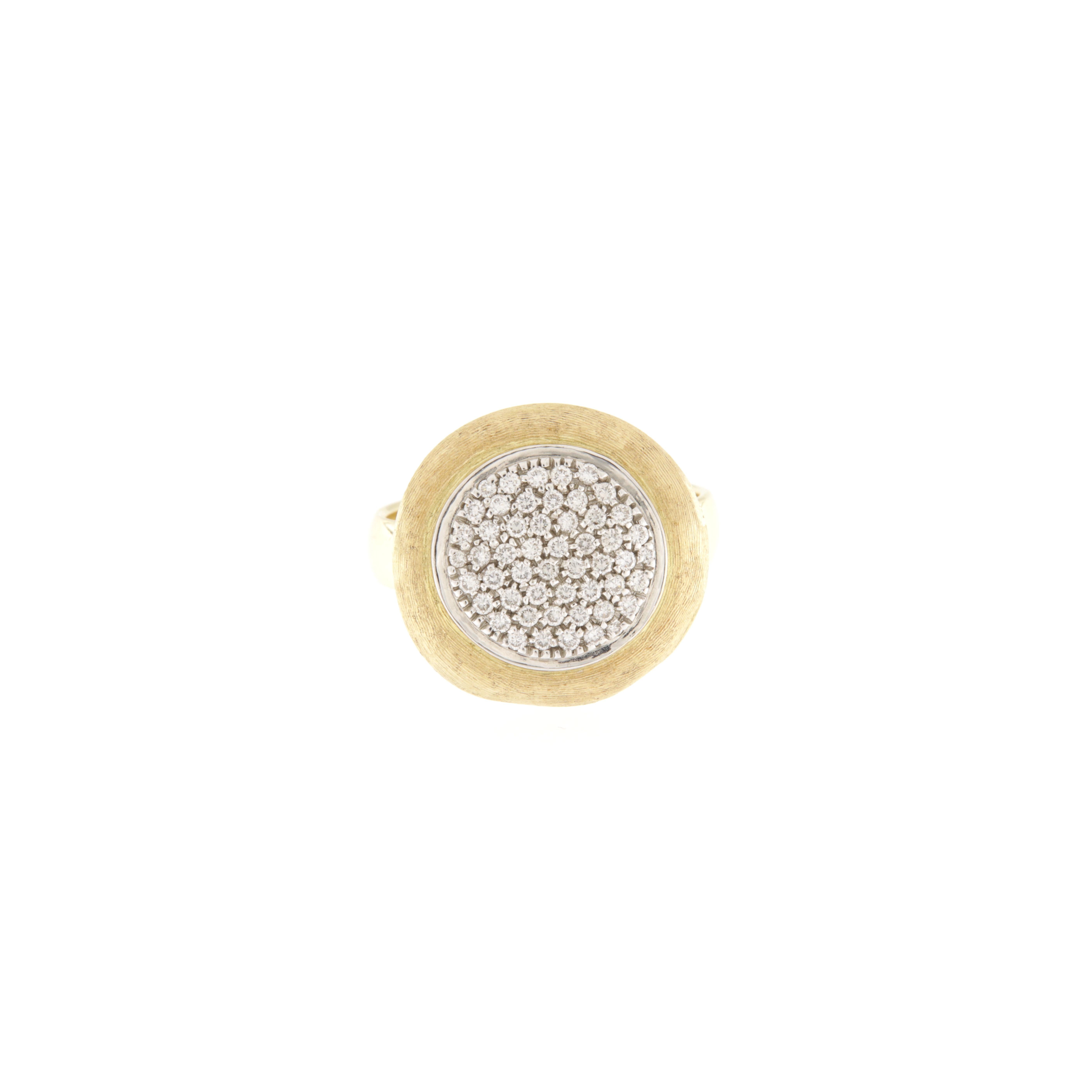 Yellow gold ring with hand-satin-finished yellow gold central patch and pave diamonds ct.0.42.