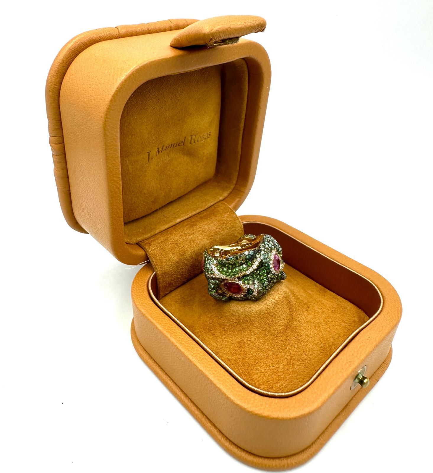 Mixed Cut Unique Rosior JM Rosas ring with pink sapphire tsavorite and tourmaline diamonds For Sale
