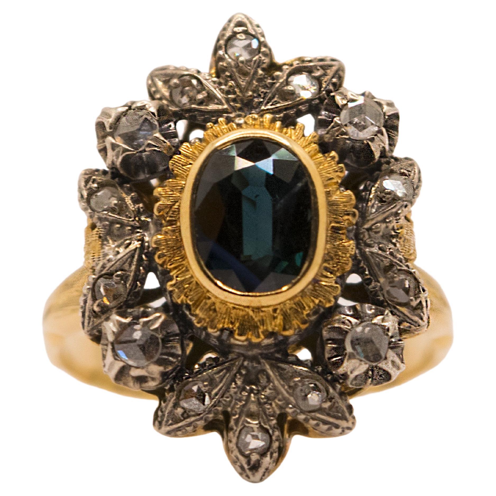 Vintage 1940s Yellow Gold and Silver Ring with Sapphire and Diamonds For Sale