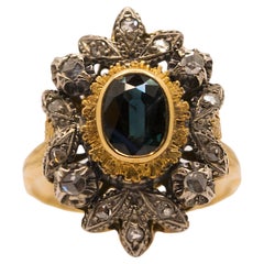 Vintage 1940s Yellow Gold and Silver Ring with Sapphire and Diamonds