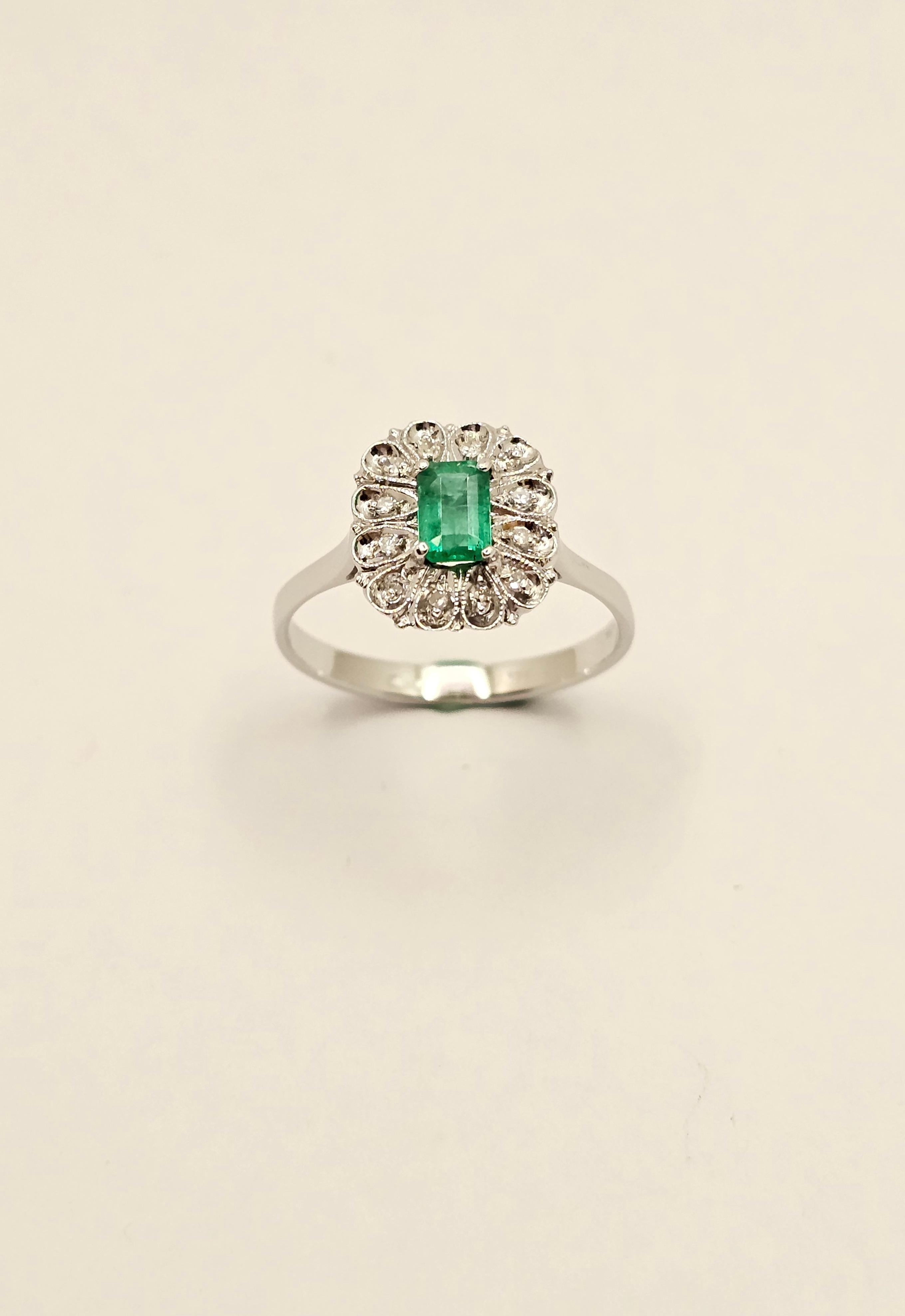 Emerald Cut Vintage Ring with Colombian Emerald and Diamonds in 18KT White Gold For Sale