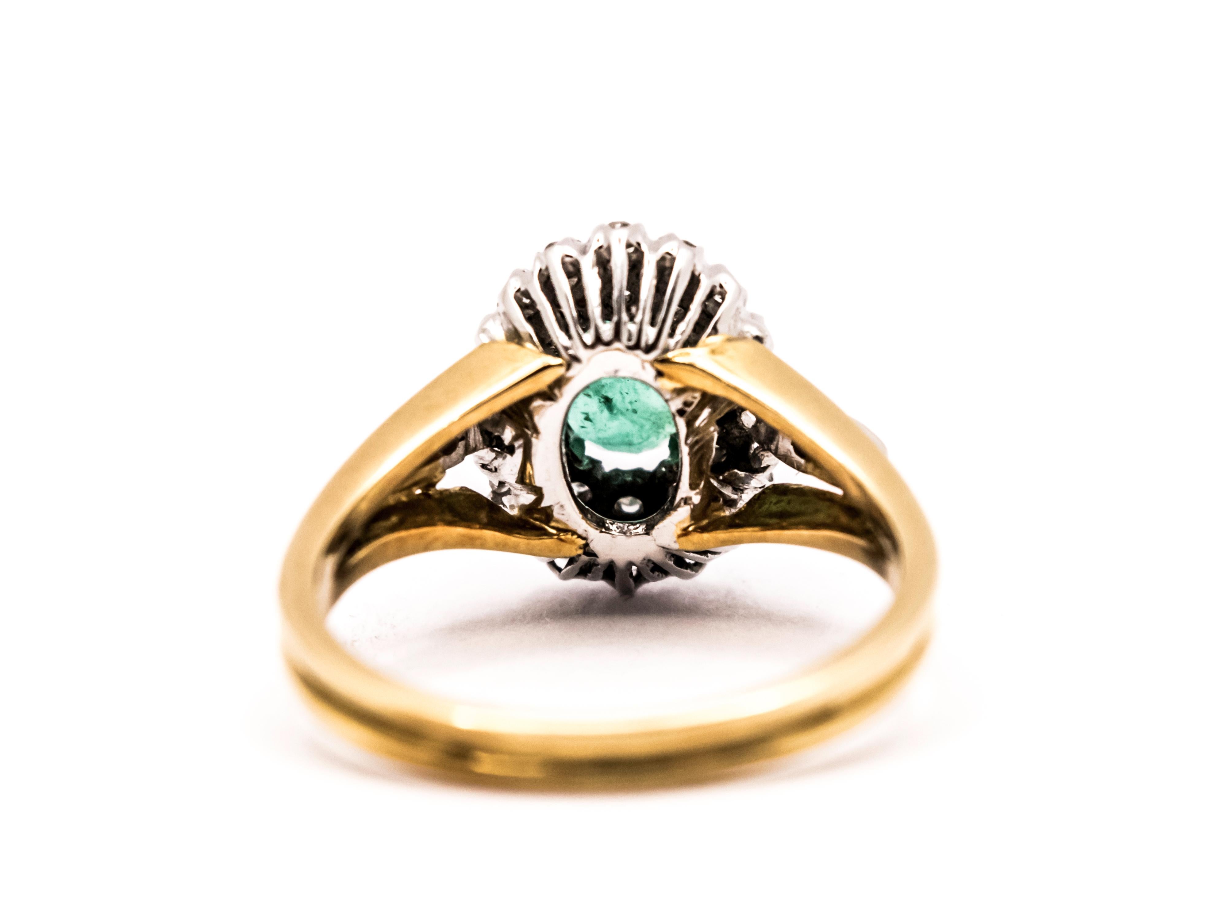 Retro Vintage 18 Kt Gold Oval Emerald and Diamond Ring For Sale