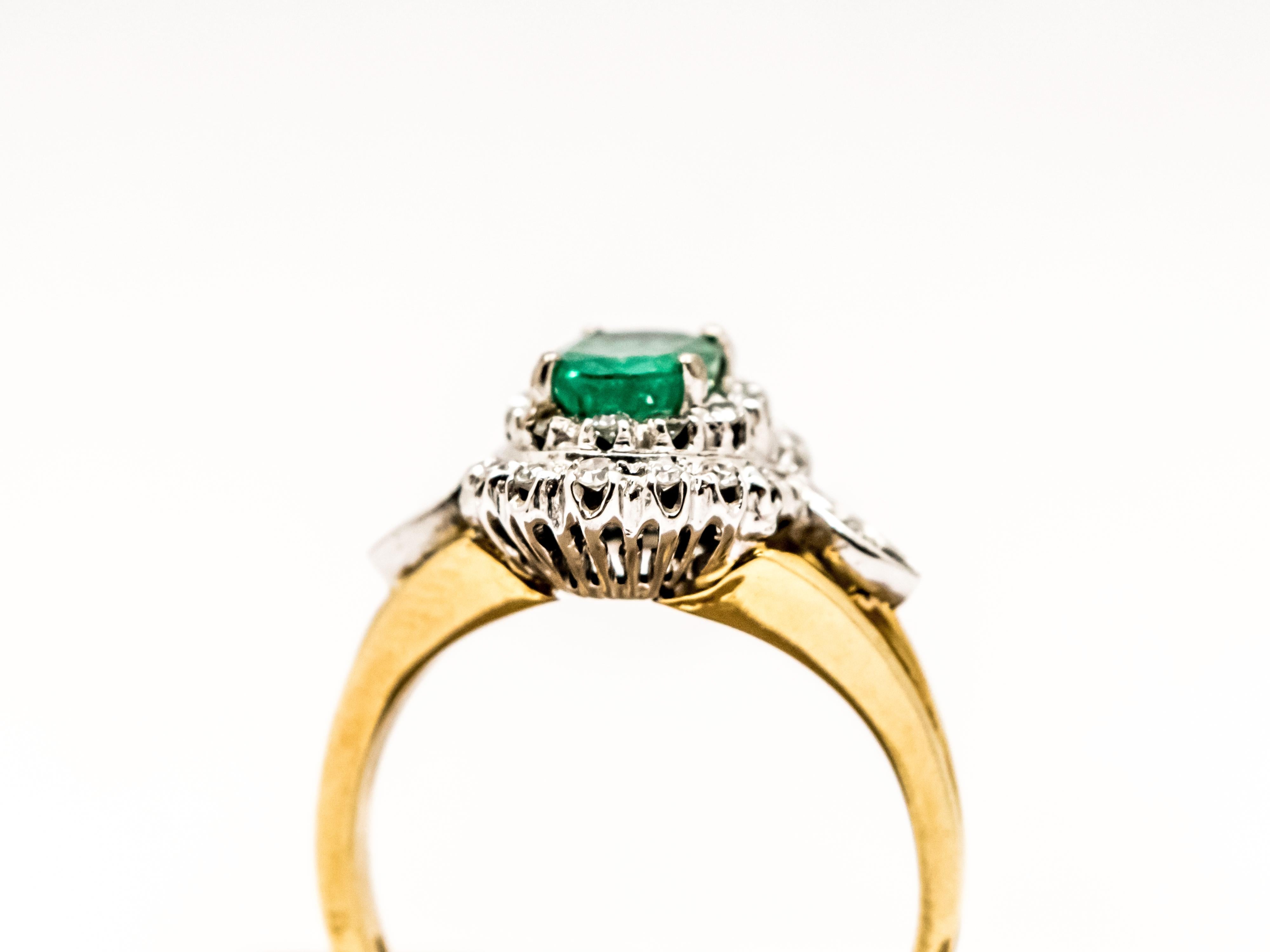 Oval Cut Vintage 18 Kt Gold Oval Emerald and Diamond Ring For Sale