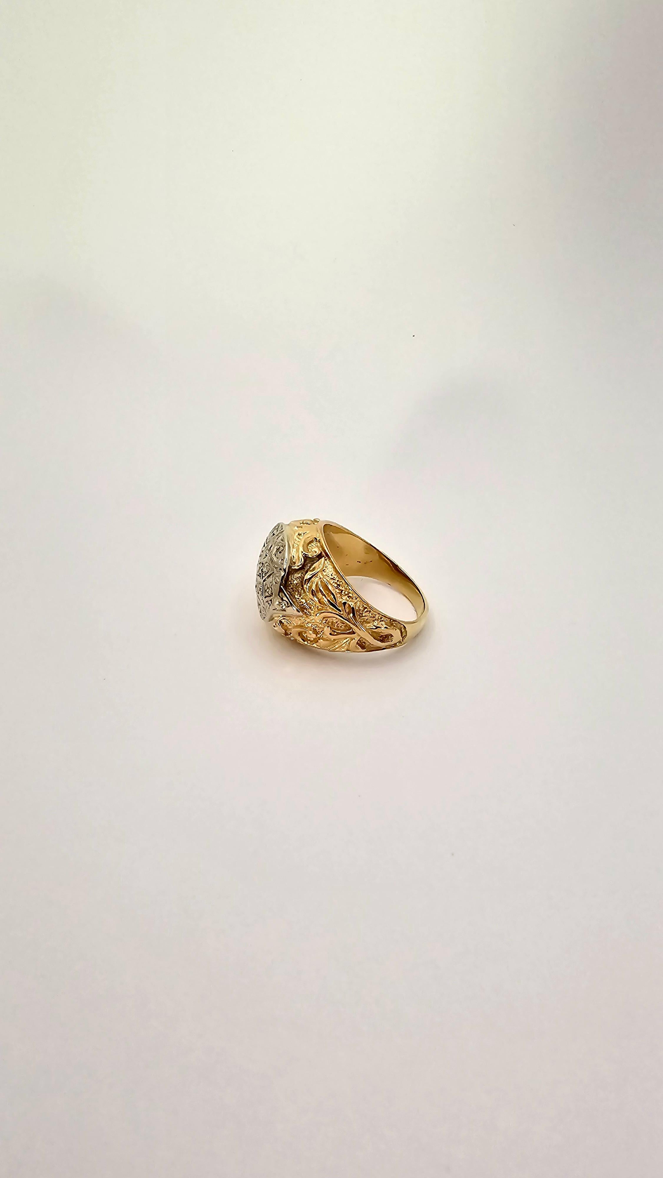Revival Vintage Engraved Ring in 18 Kt Two-Tone Gold and Diamonds For Sale