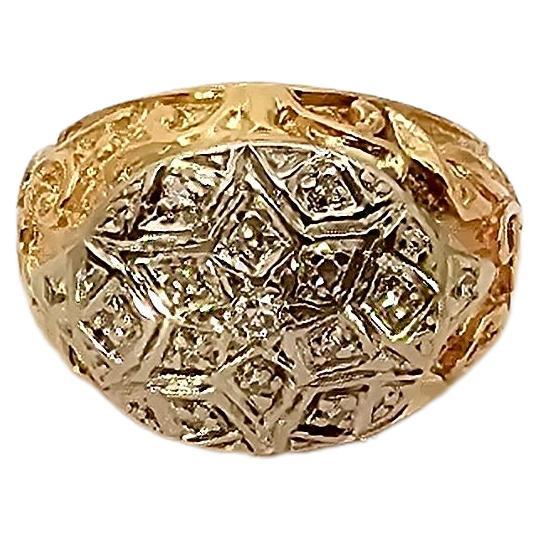 Vintage Engraved Ring in 18 Kt Two-Tone Gold and Diamonds