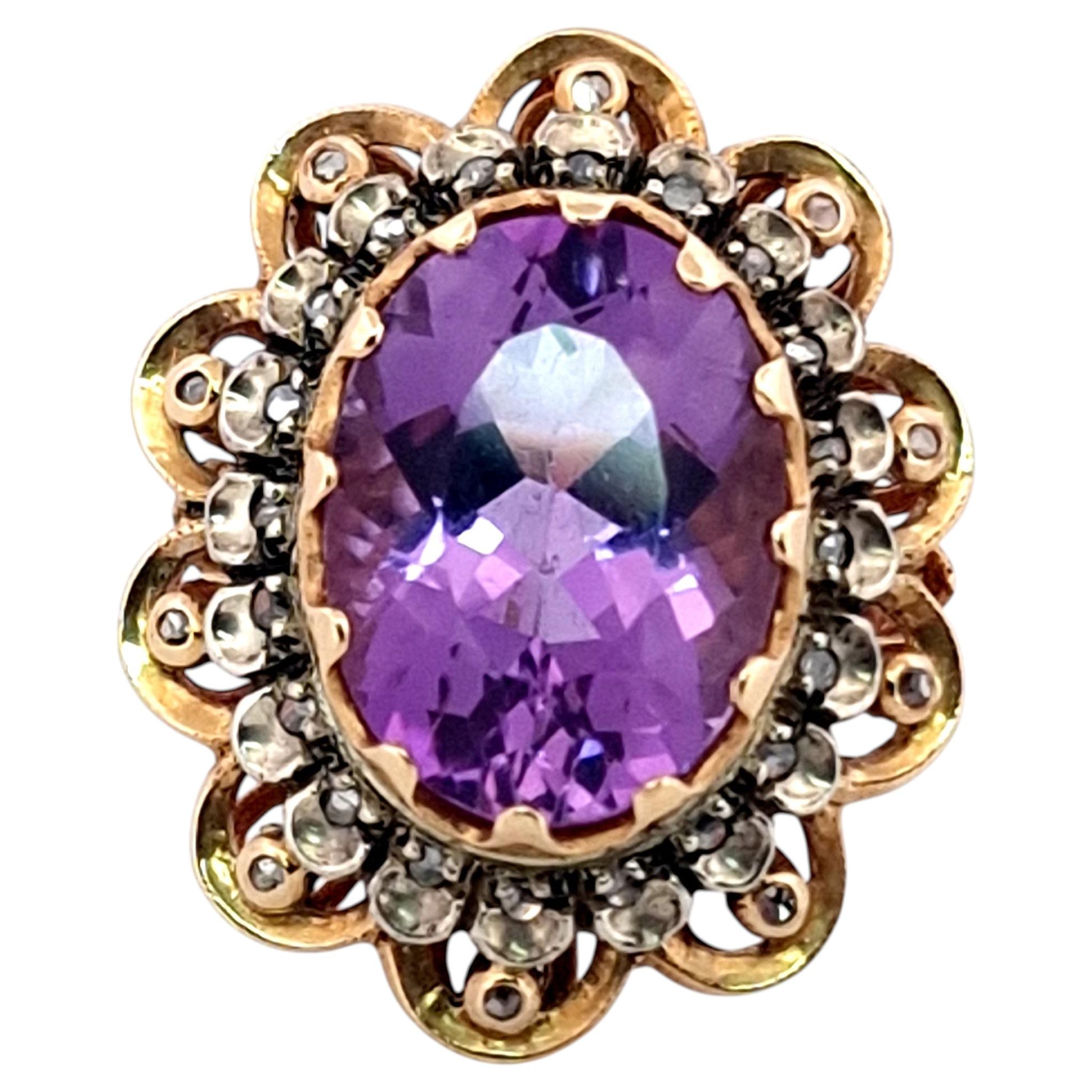 Anillo Vintage Oro 14k Amatista 25ct Diamantes Antiguos 0.16ct
