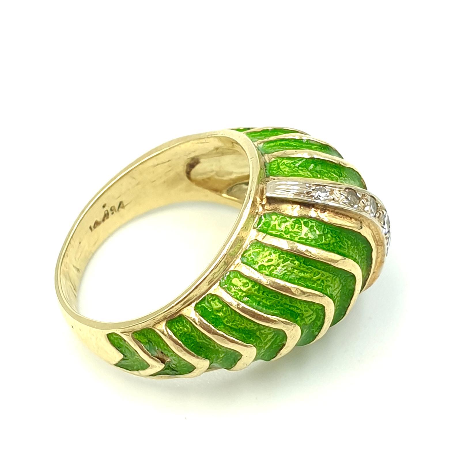Optischer Ring im Vintage-Stil aus 14 Karat Gold mit Diamanten und grüner Emaille Damen im Angebot