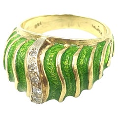 Optischer Ring im Vintage-Stil aus 14 Karat Gold mit Diamanten und grüner Emaille